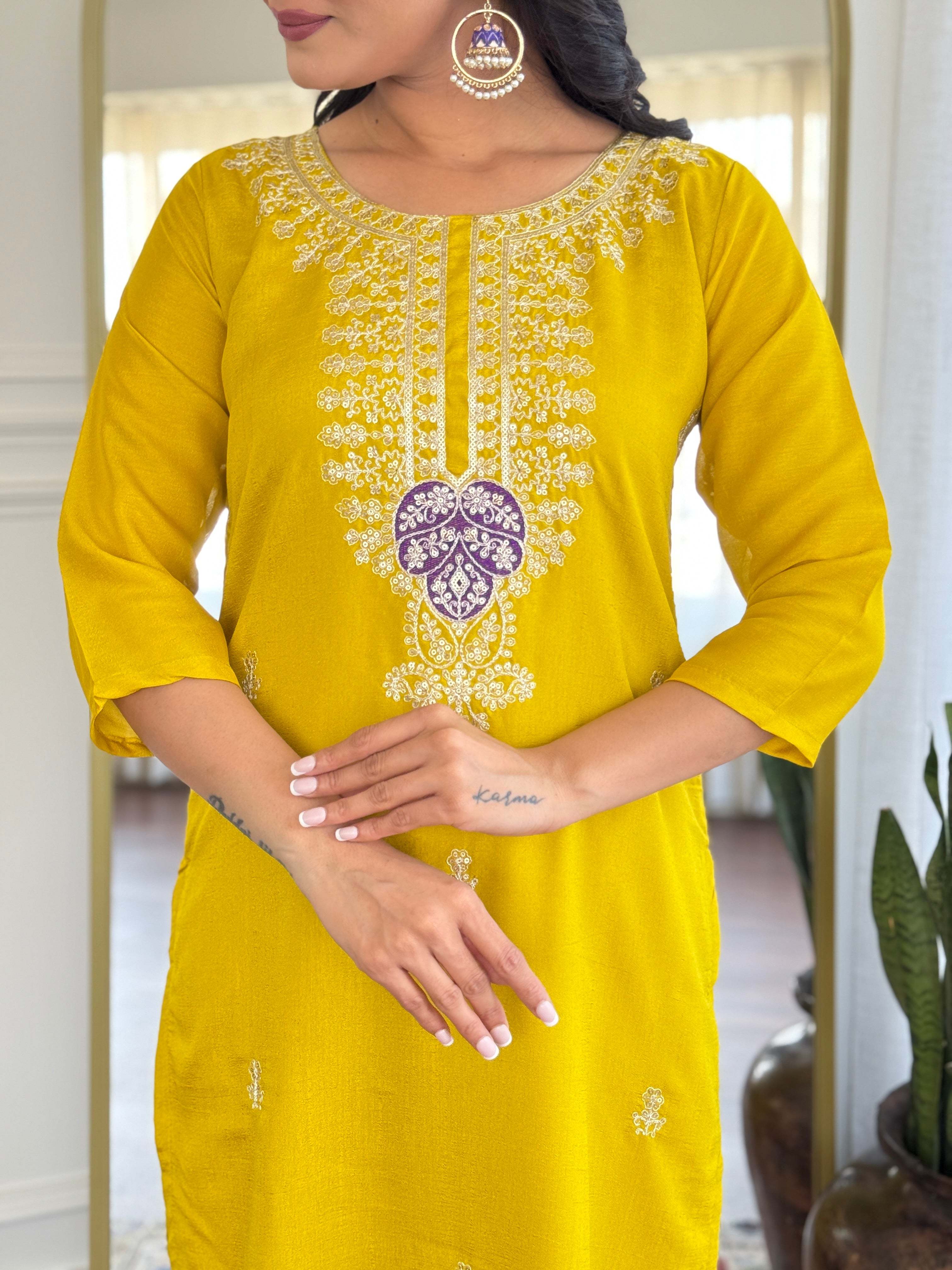 Mustard Vichitra Silk Embroidered Suit with Purple Digital Print Dupatta