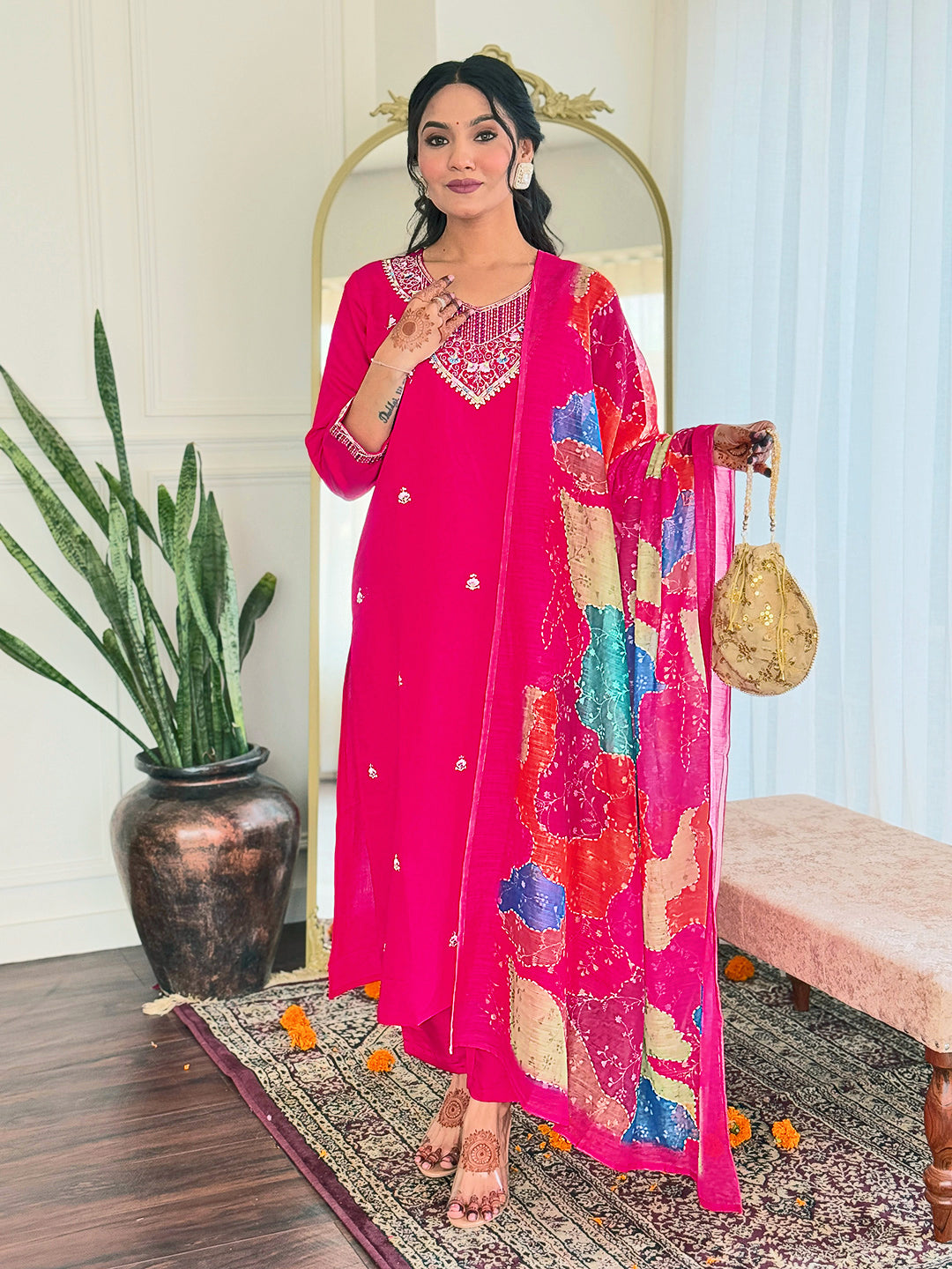 Embroidered Hot Pink Kurta Set with Printed Linen Dupatta