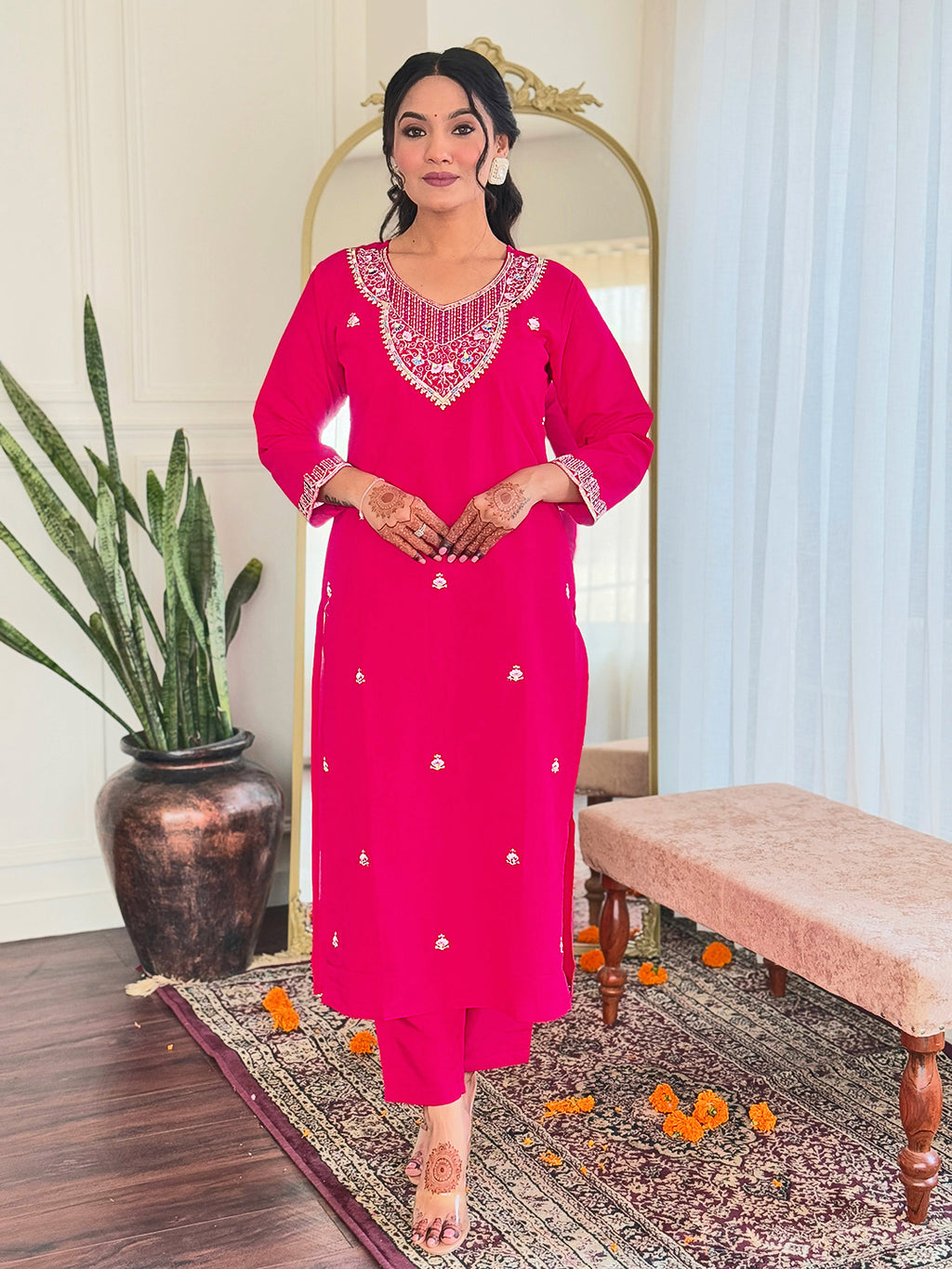 Embroidered Hot Pink Kurta Set with Printed Linen Dupatta