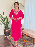 Embroidered Hot Pink Kurta Set with Printed Linen Dupatta