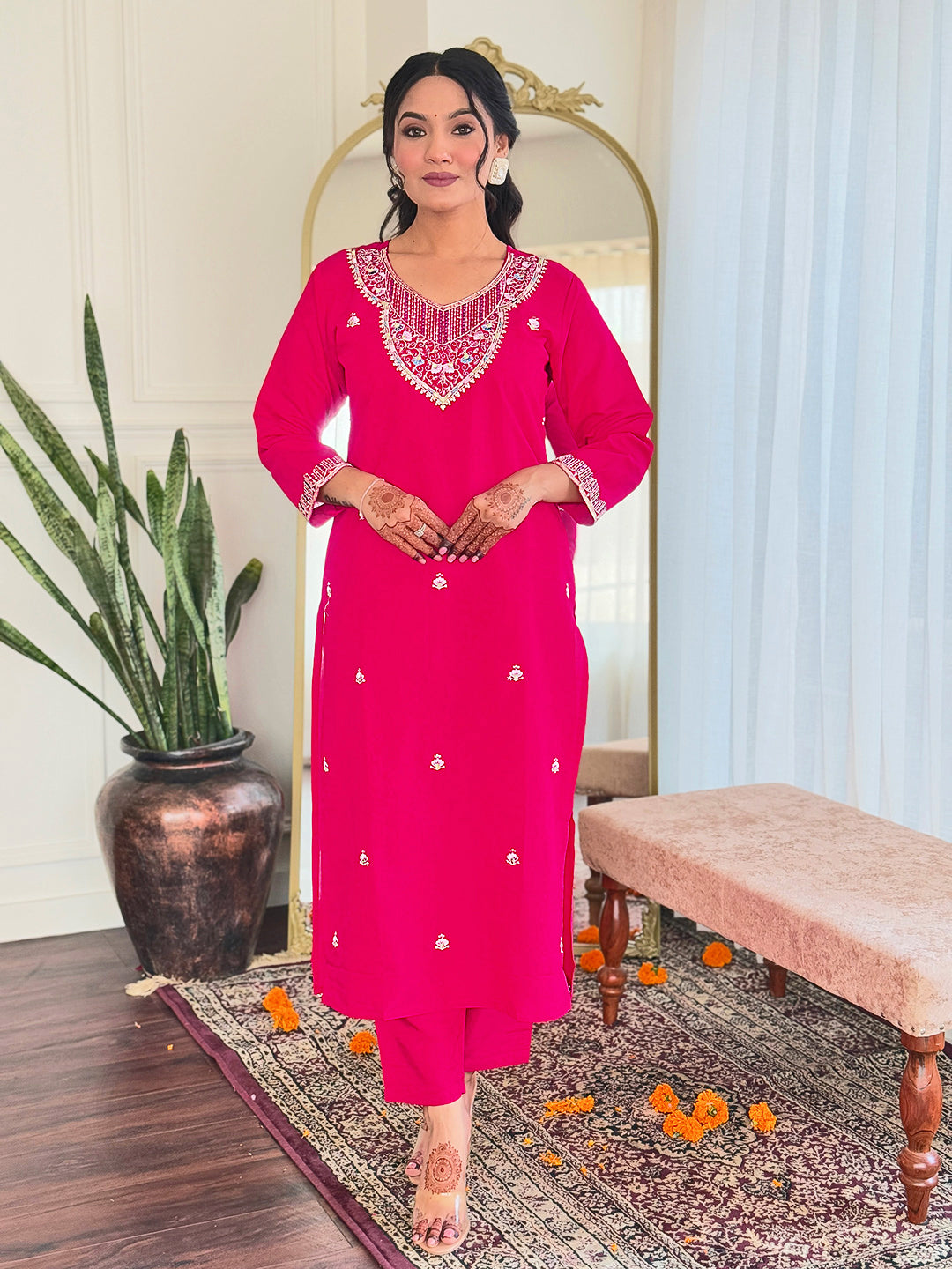 Embroidered Hot Pink Kurta Set with Printed Linen Dupatta