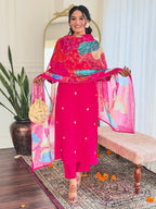 Embroidered Hot Pink Kurta Set with Printed Linen Dupatta