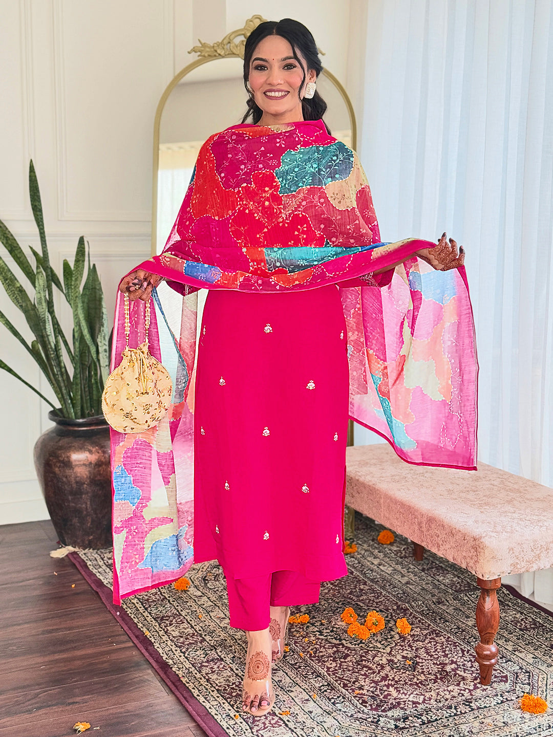 Embroidered Hot Pink Kurta Set with Printed Linen Dupatta