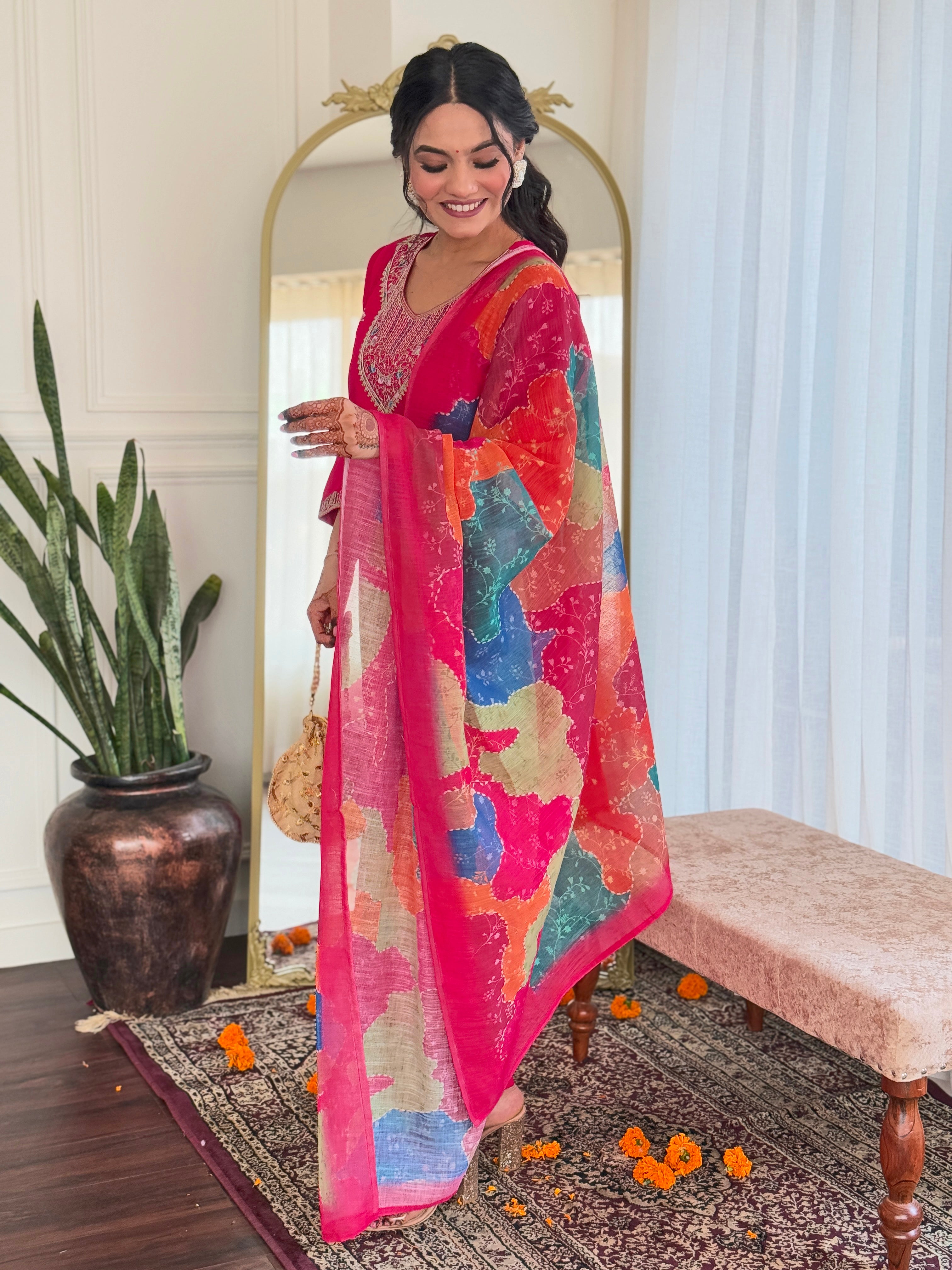 Embroidered Hot Pink Kurta Set with Printed Linen Dupatta