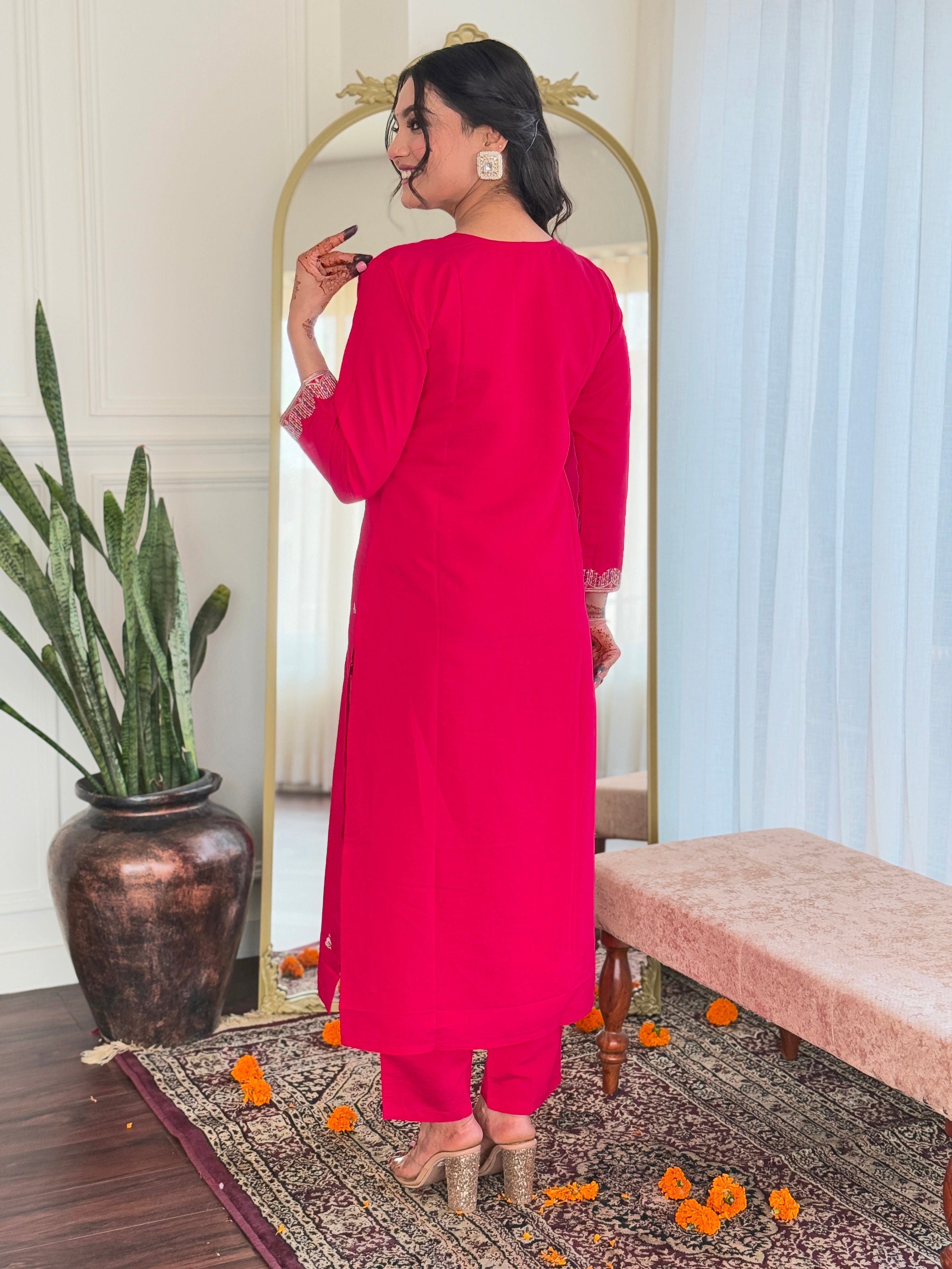 Embroidered Hot Pink Kurta Set with Printed Linen Dupatta