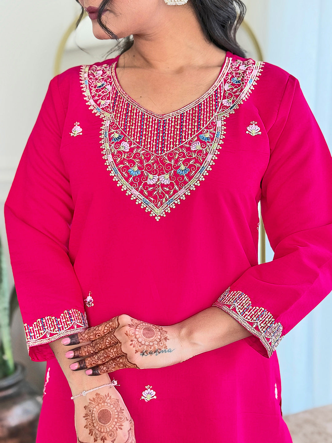 Embroidered Hot Pink Kurta Set with Printed Linen Dupatta