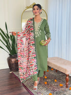 Olive Green Embroidered Chanderi Suit Set with Printed Dupatta