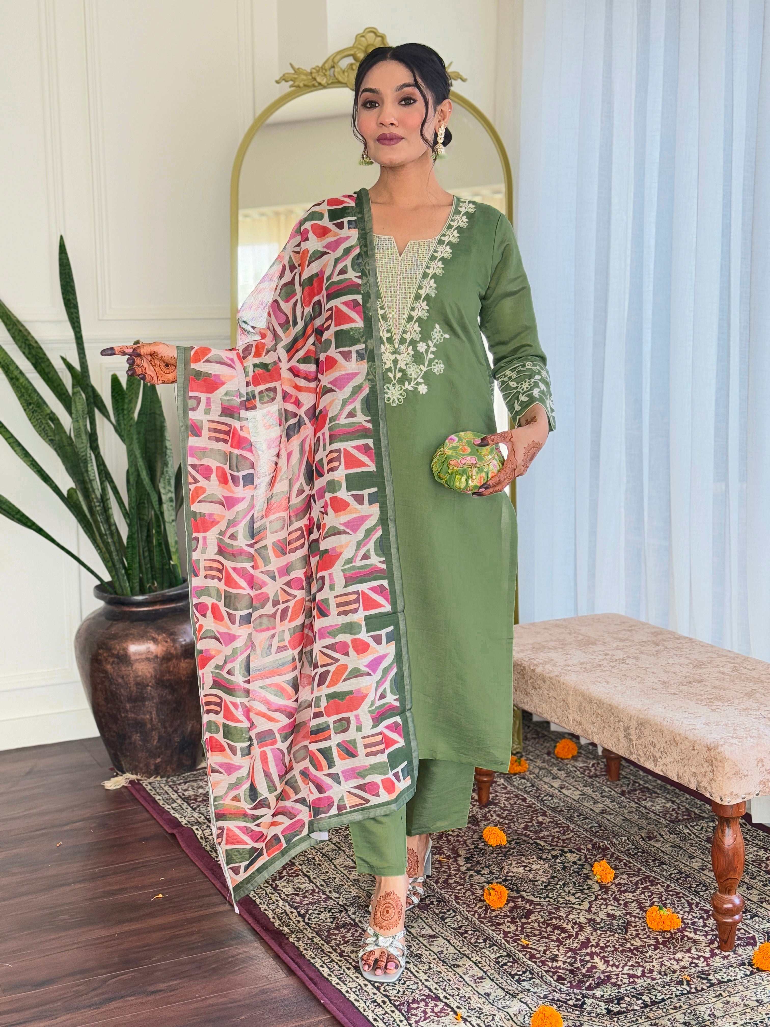 Olive Green Embroidered Chanderi Suit Set with Printed Dupatta