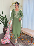 Olive Green Embroidered Chanderi Suit Set with Printed Dupatta
