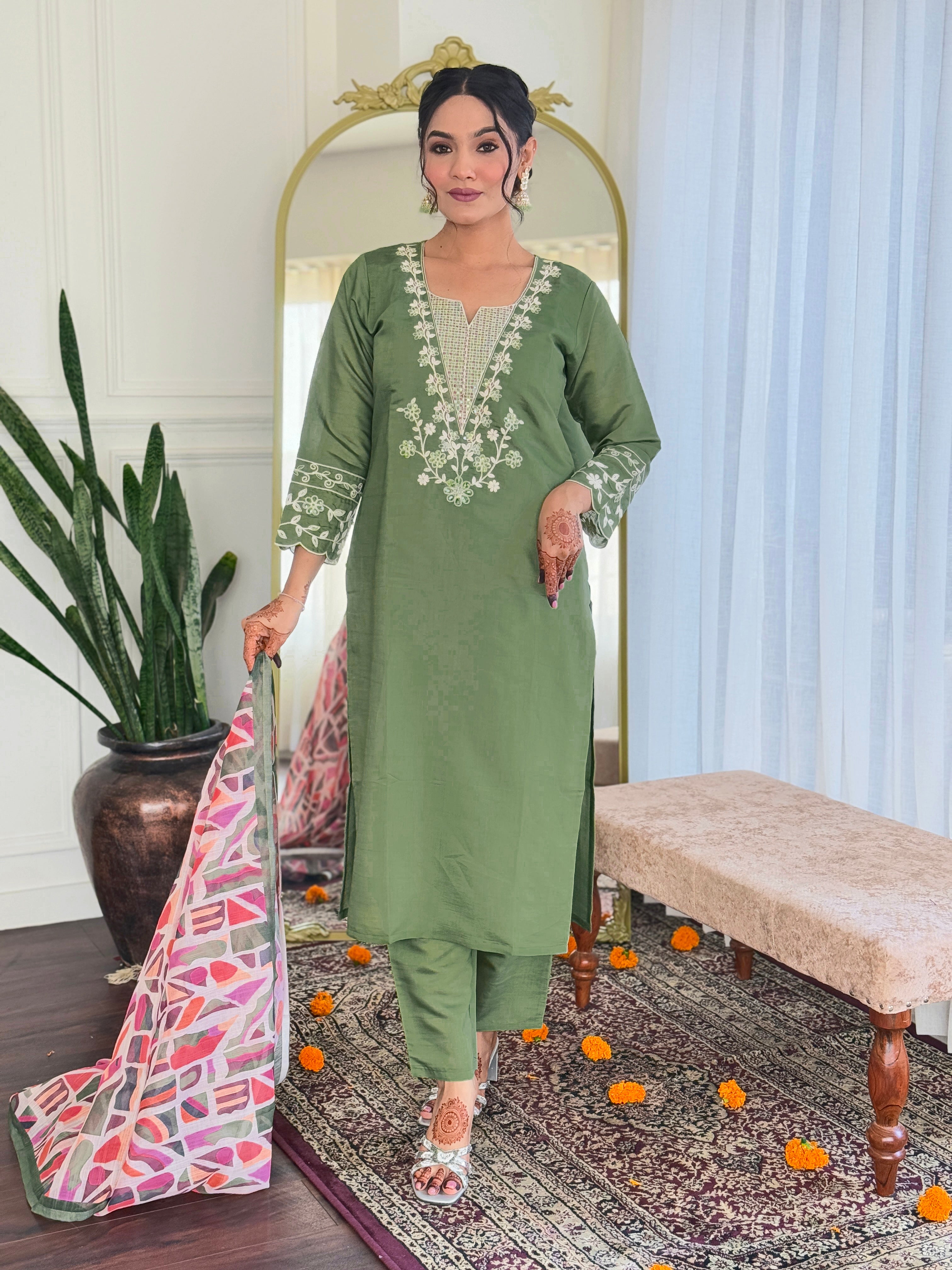 Olive Green Embroidered Chanderi Suit Set with Printed Dupatta