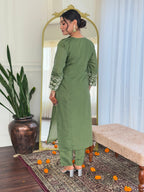 Olive Green Embroidered Chanderi Suit Set with Printed Dupatta