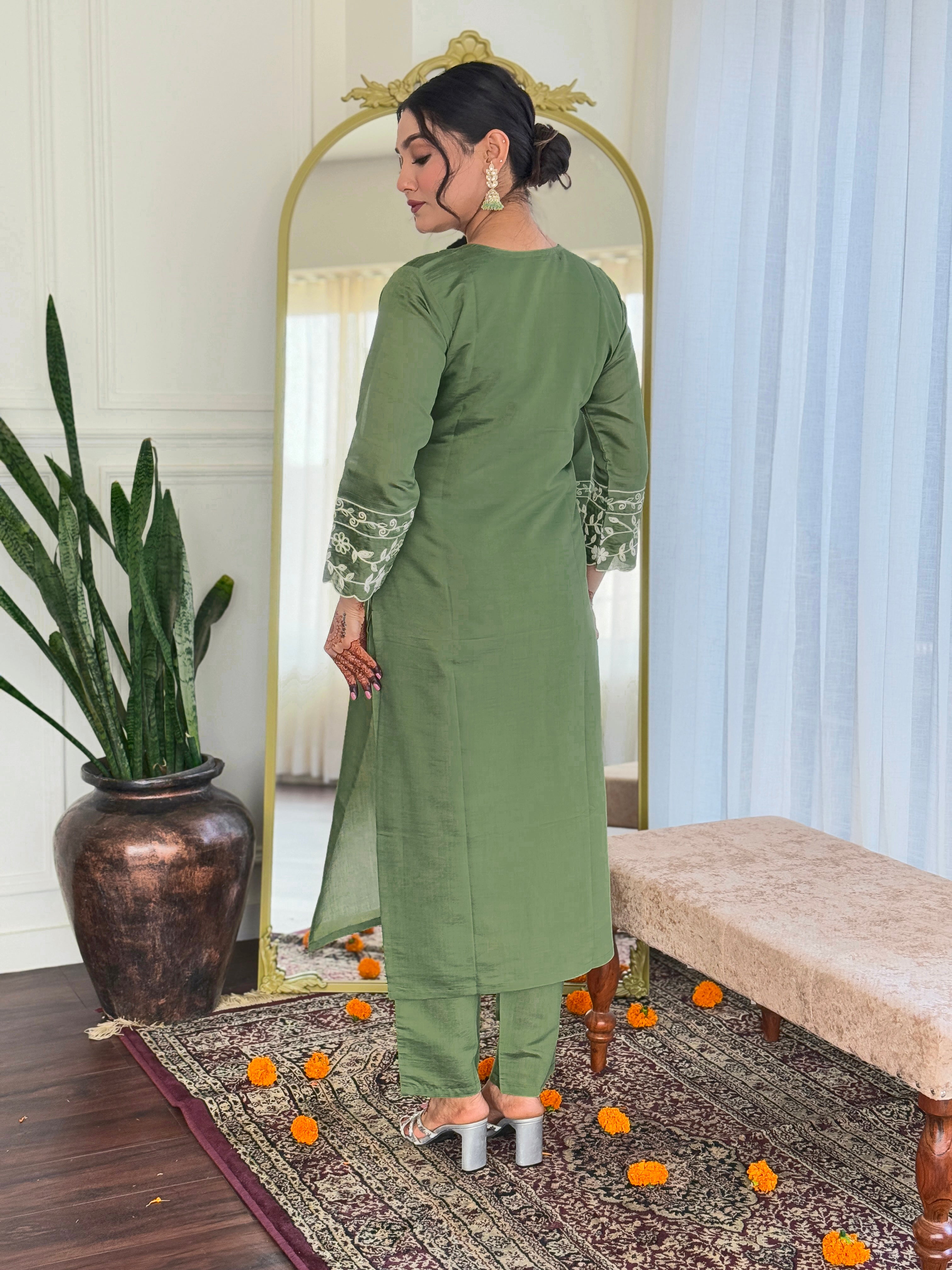 Olive Green Embroidered Chanderi Suit Set with Printed Dupatta