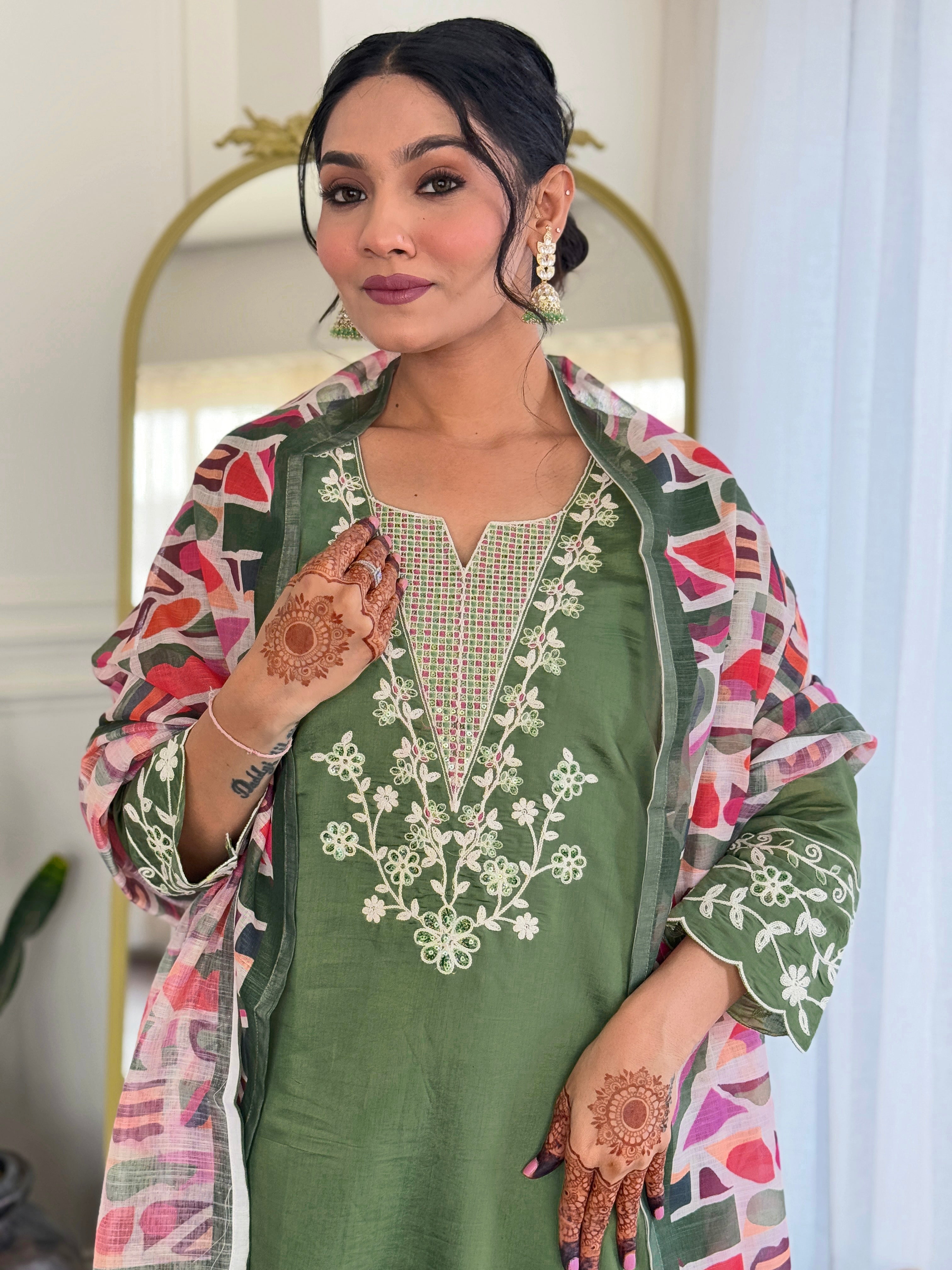 Olive Green Embroidered Chanderi Suit Set with Printed Dupatta