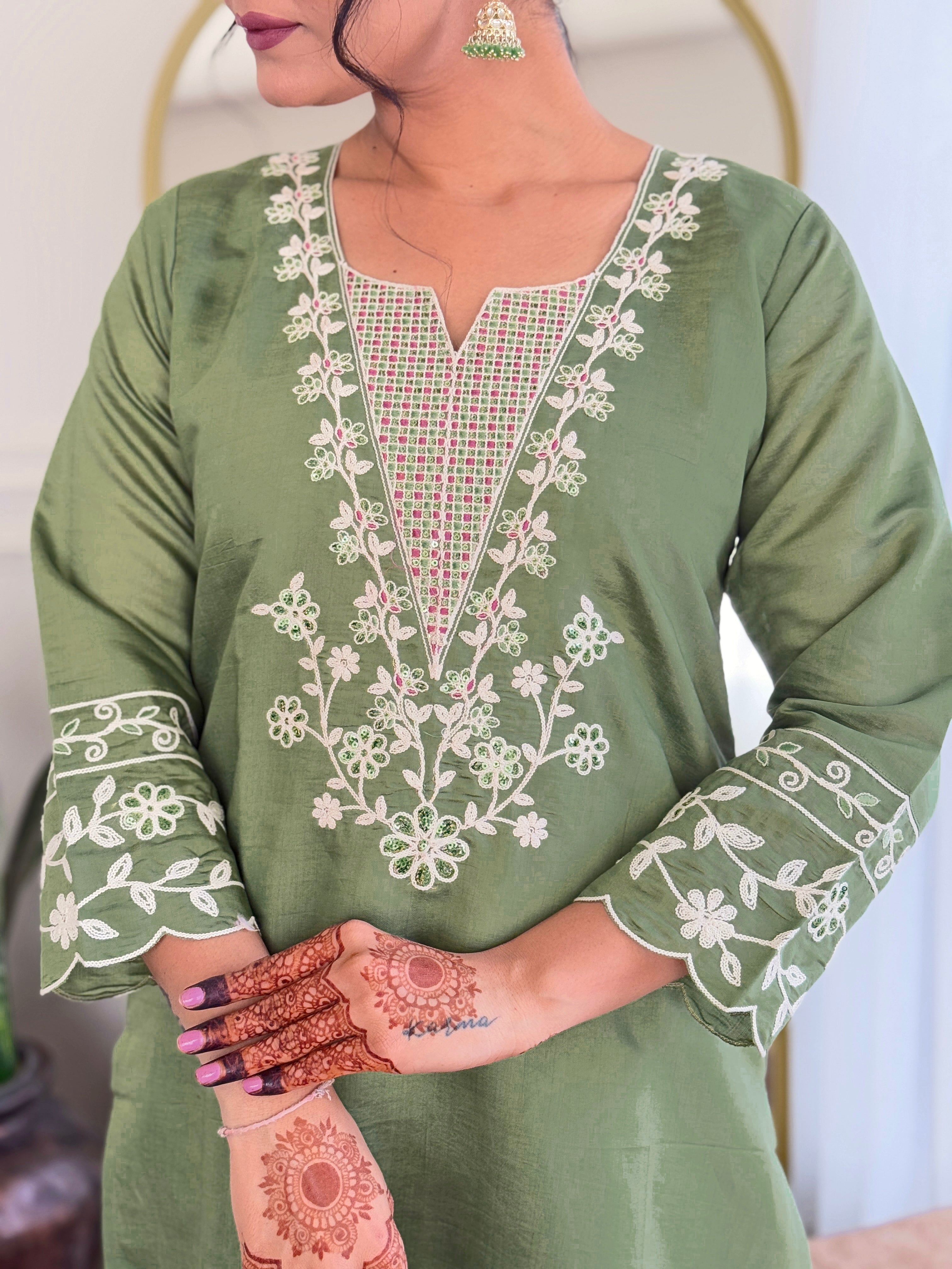Olive Green Embroidered Chanderi Suit Set with Printed Dupatta