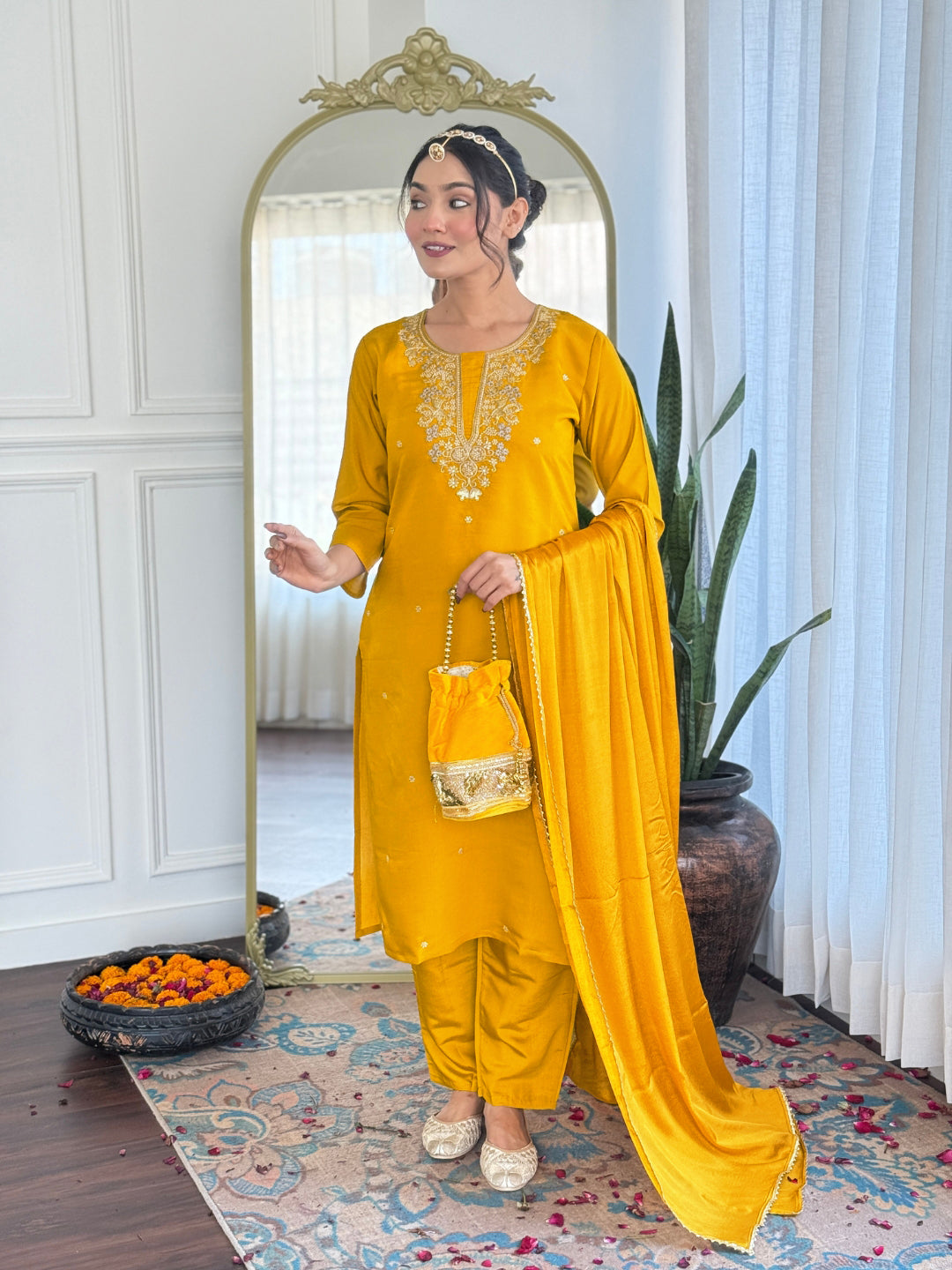 Mustard Yellow Embroidered Chanderi Suit Set