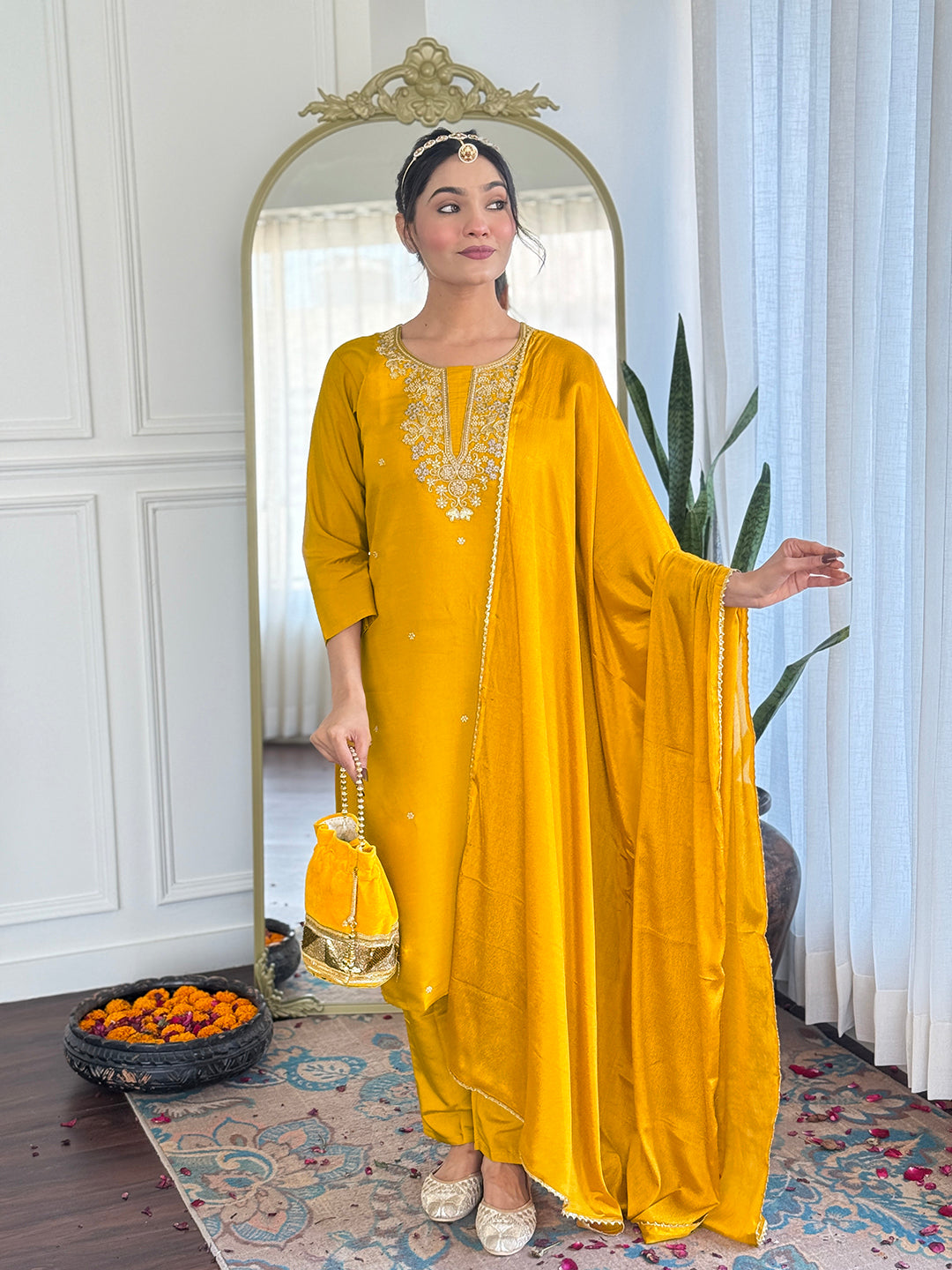 Mustard Yellow Embroidered Chanderi Suit Set