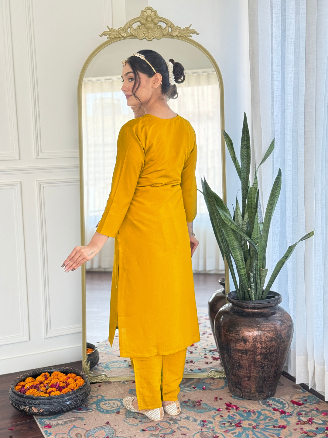 Mustard Yellow Embroidered Chanderi Suit Set