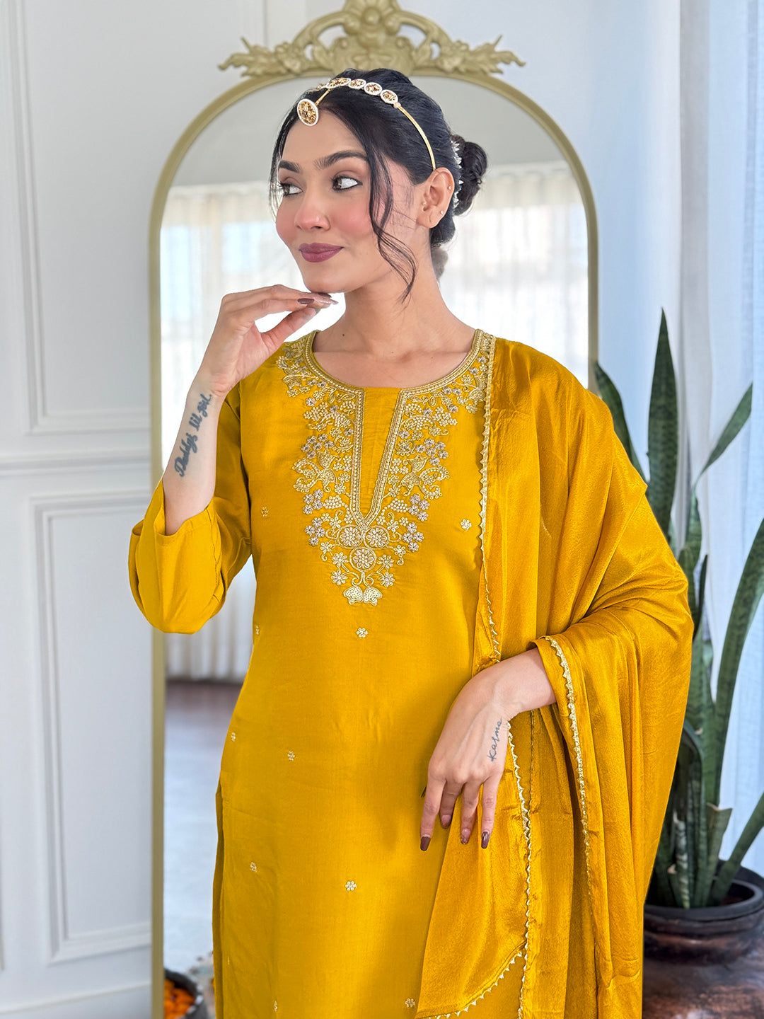 Mustard Yellow Embroidered Chanderi Suit Set