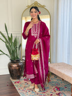 Maroon Embroidered Vichitra Silk Suit Set