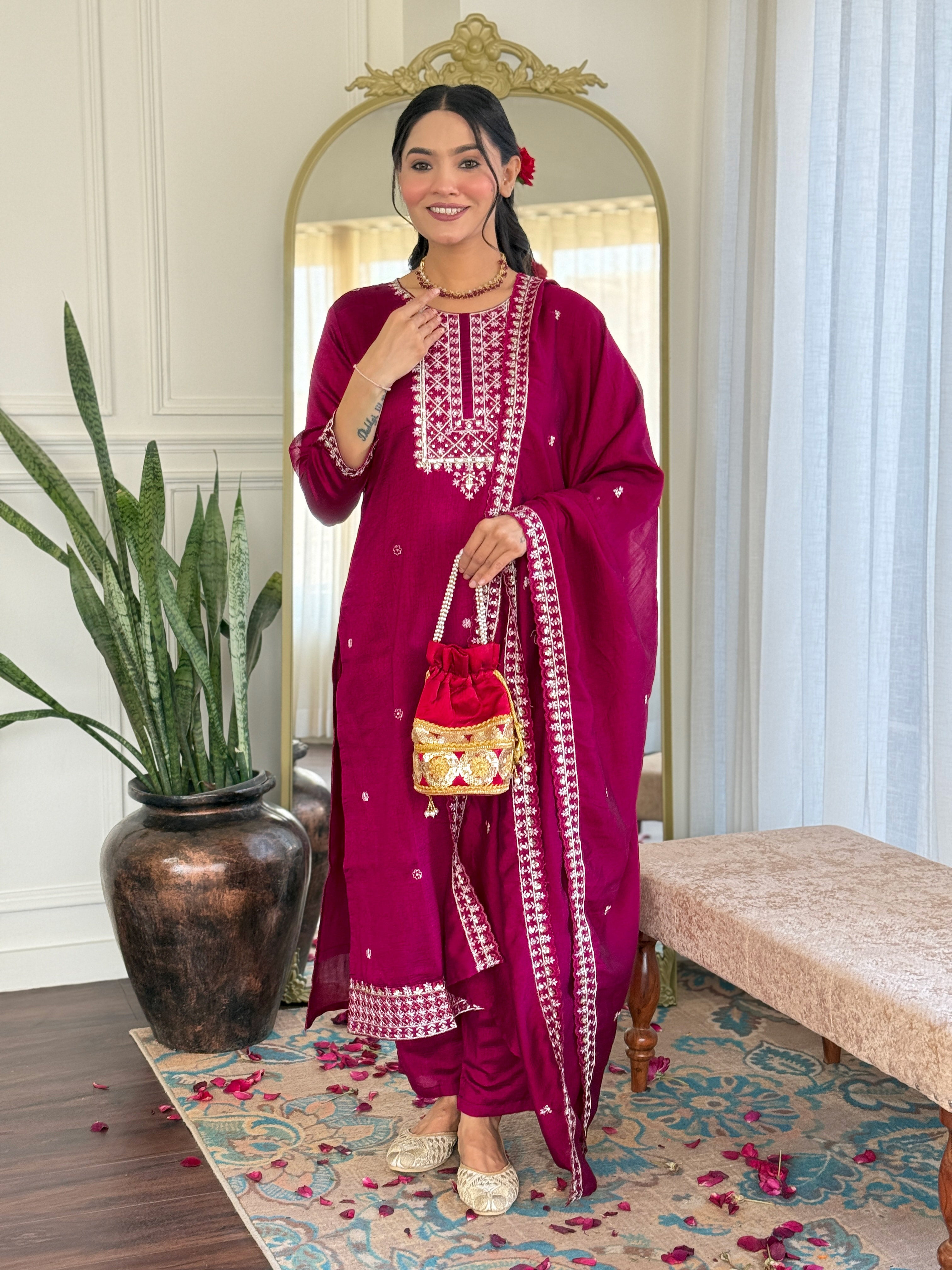Maroon Embroidered Vichitra Silk Suit Set