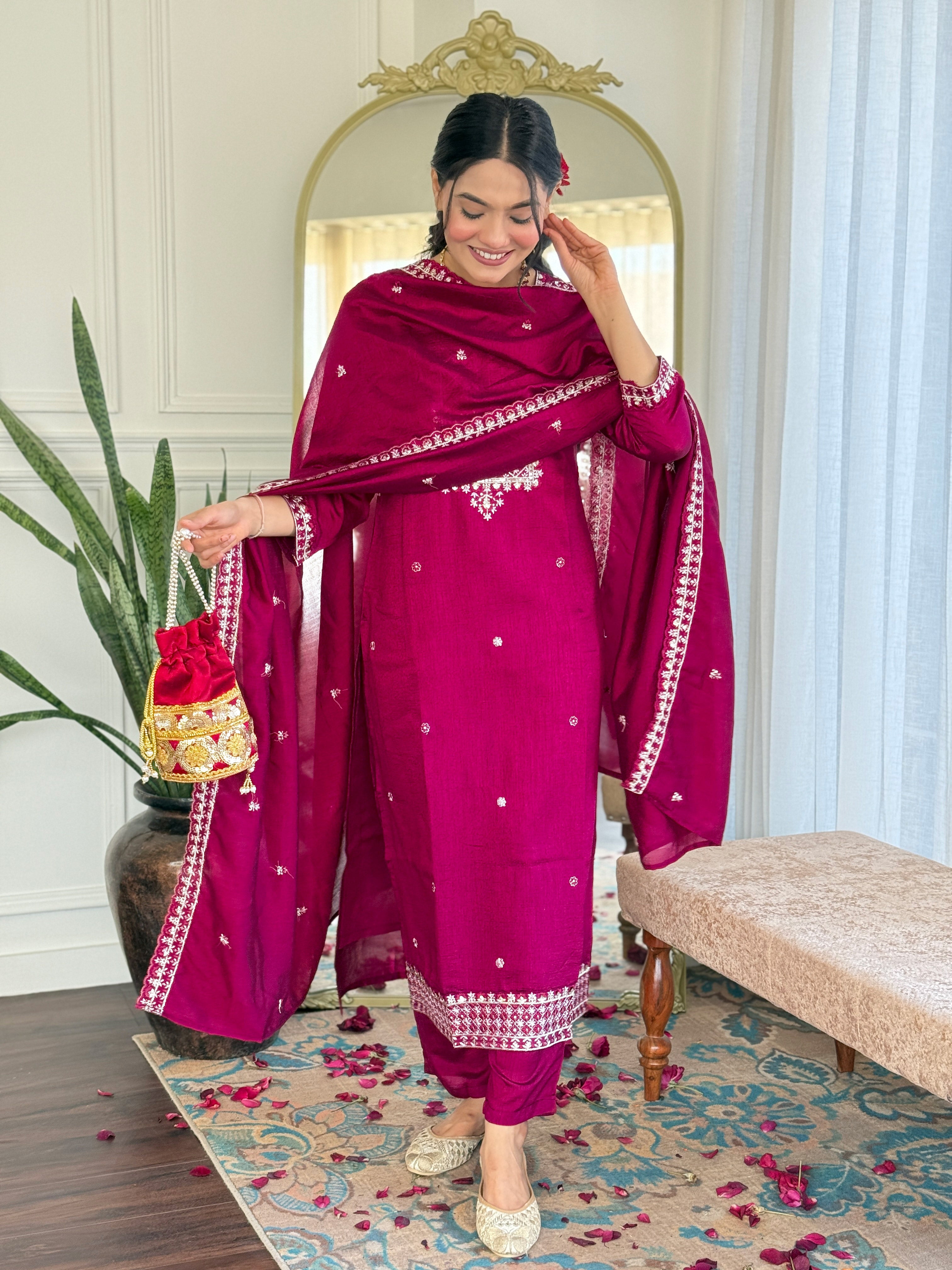 Maroon Embroidered Vichitra Silk Suit Set