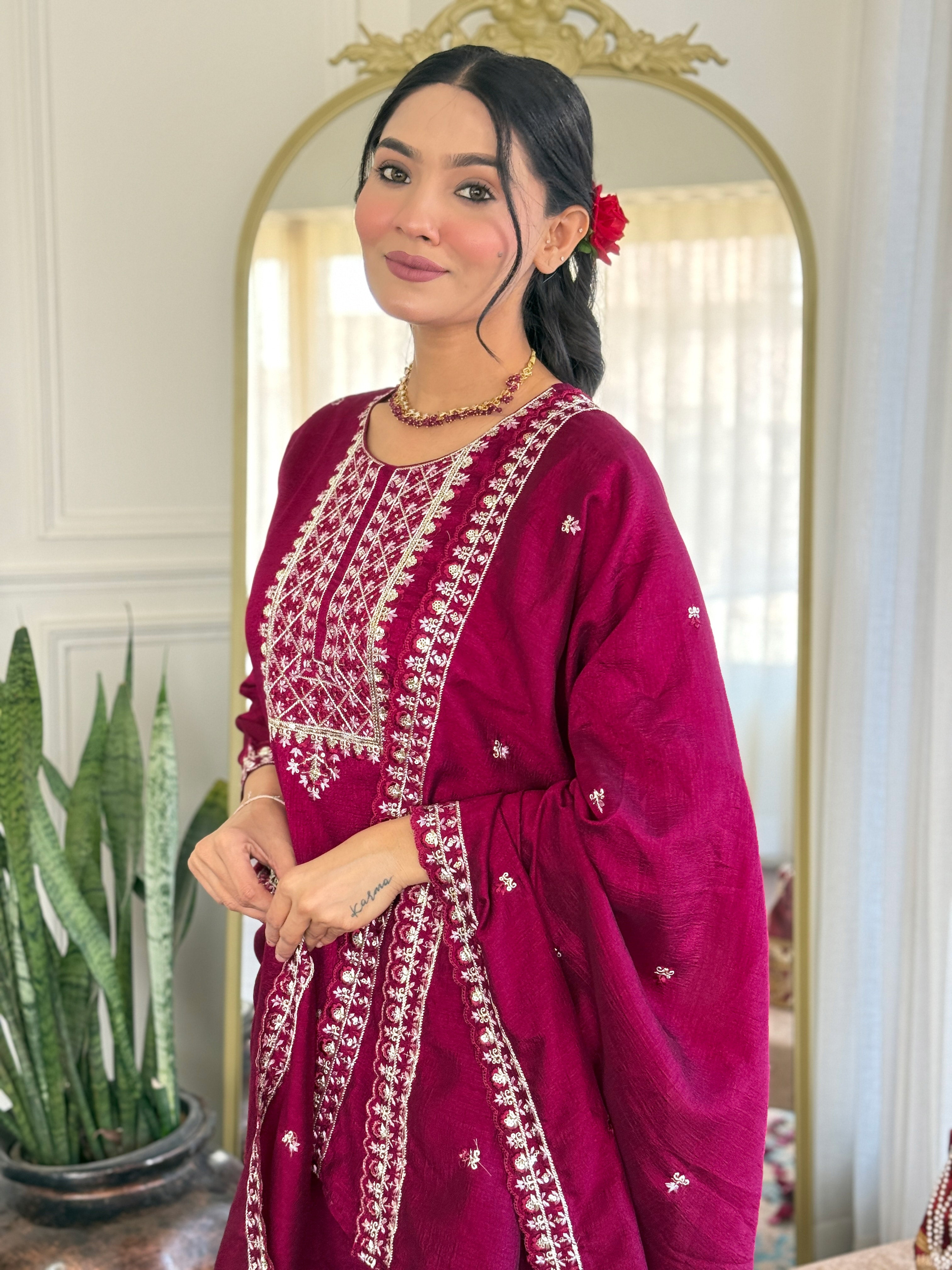 Maroon Embroidered Vichitra Silk Suit Set