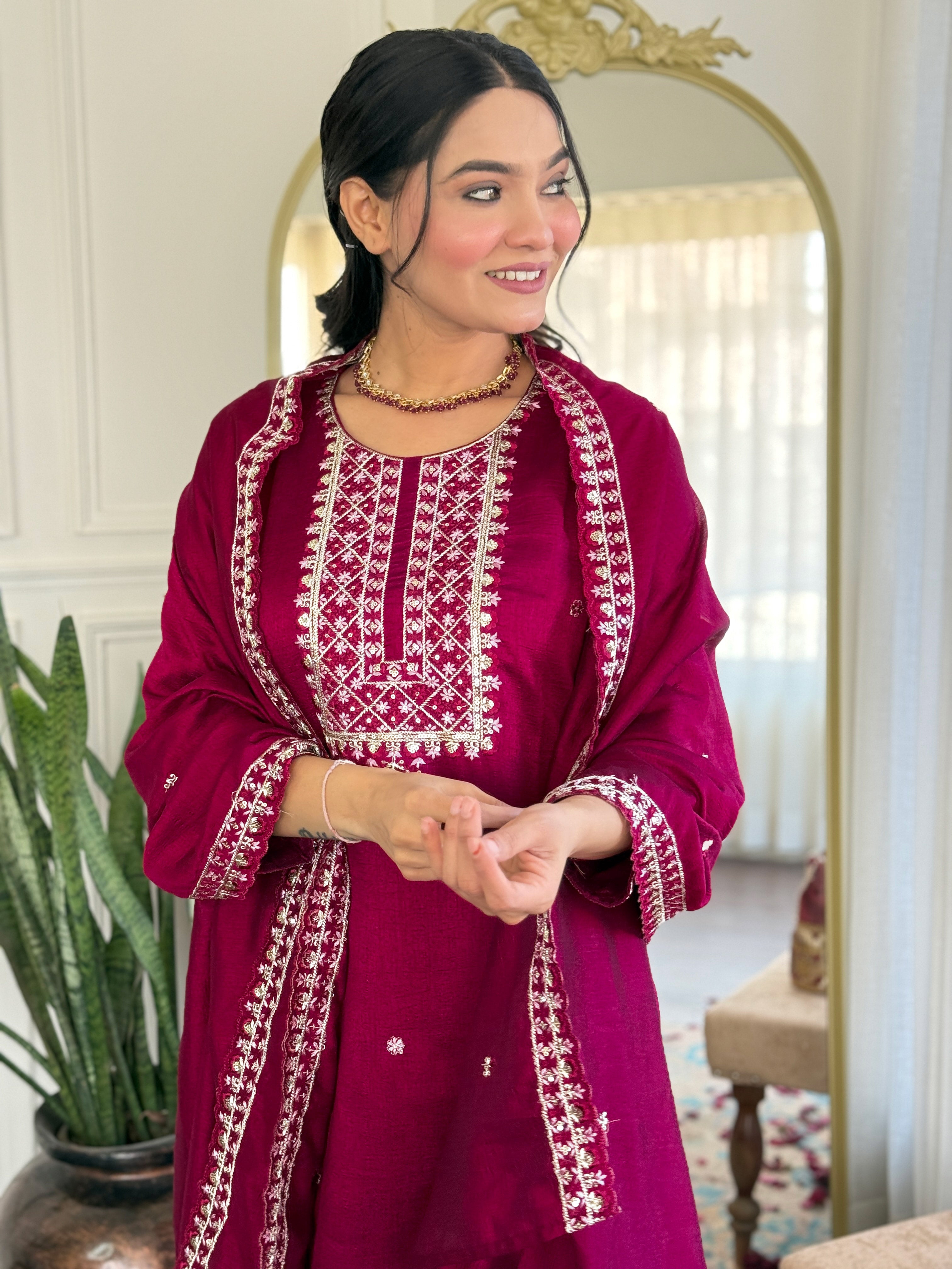 Maroon Embroidered Vichitra Silk Suit Set