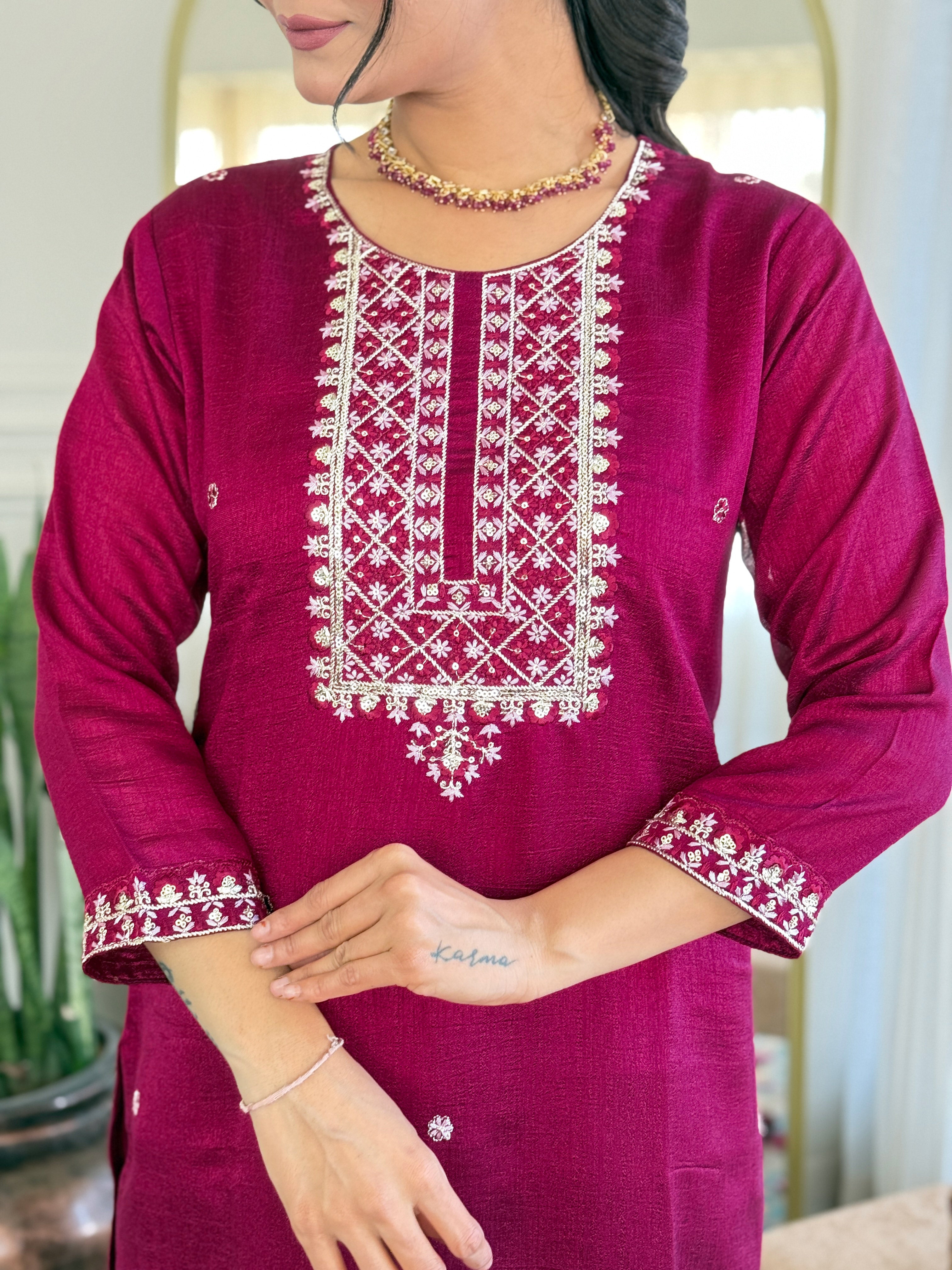 Maroon Embroidered Vichitra Silk Suit Set