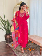 Embroidered Hot Pink Kurta Set with Printed Linen Dupatta