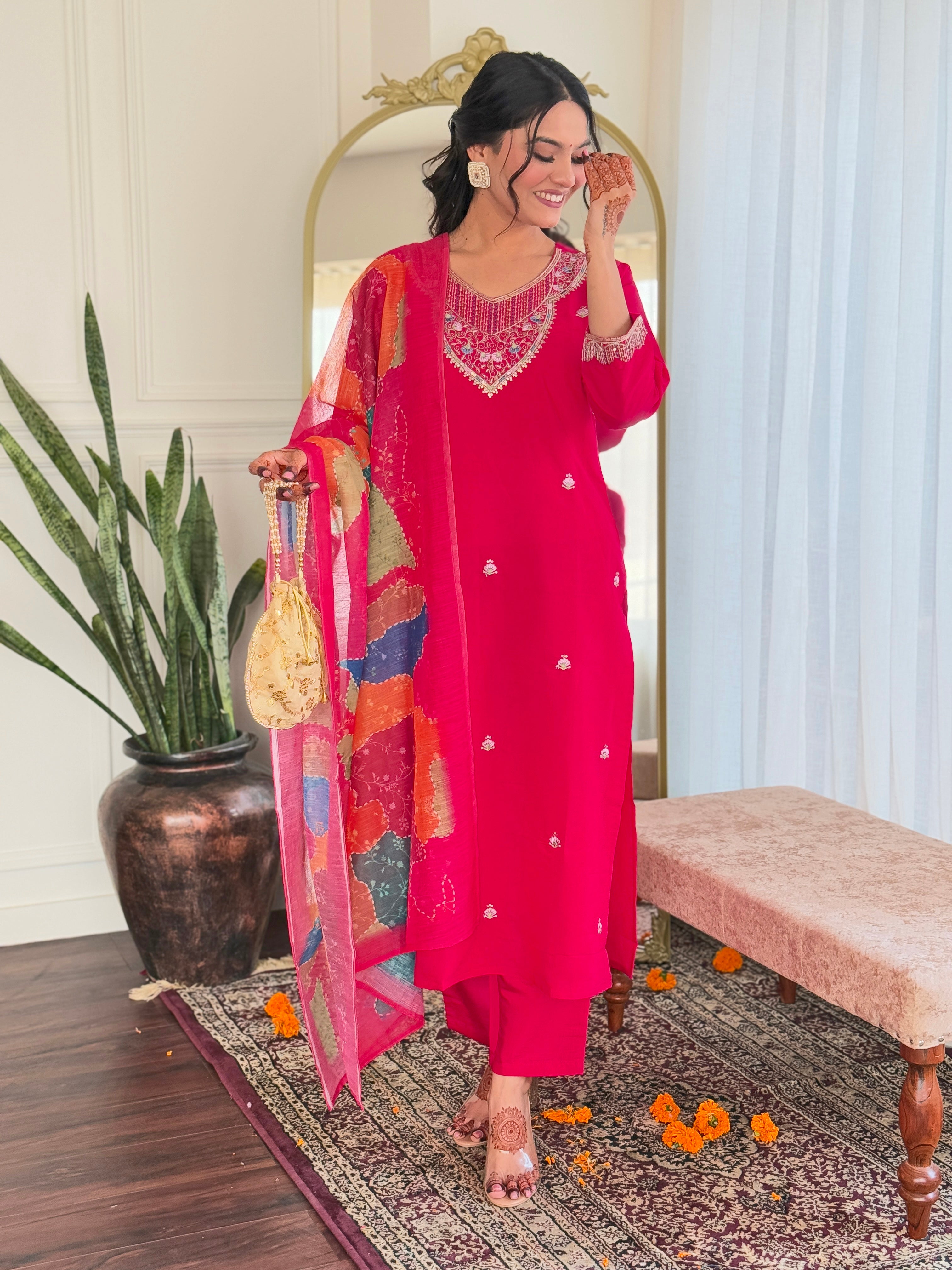 Embroidered Hot Pink Kurta Set with Printed Linen Dupatta
