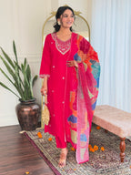 Embroidered Hot Pink Kurta Set with Printed Linen Dupatta