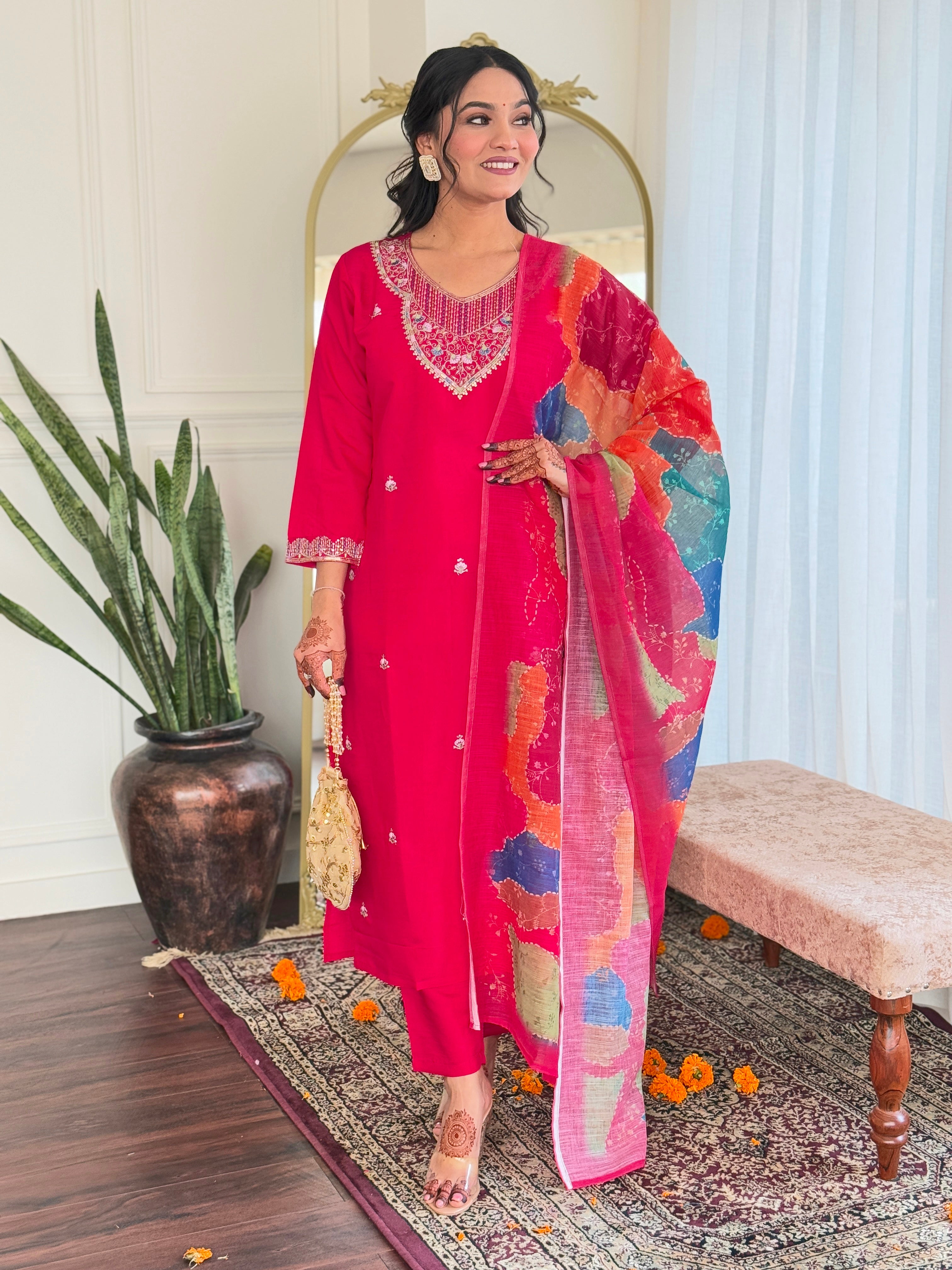 Embroidered Hot Pink Kurta Set with Printed Linen Dupatta