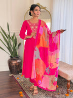 Gajri Pink Viscose Chanderi Embroidered Kurta Set with Printed Linen Dupatta