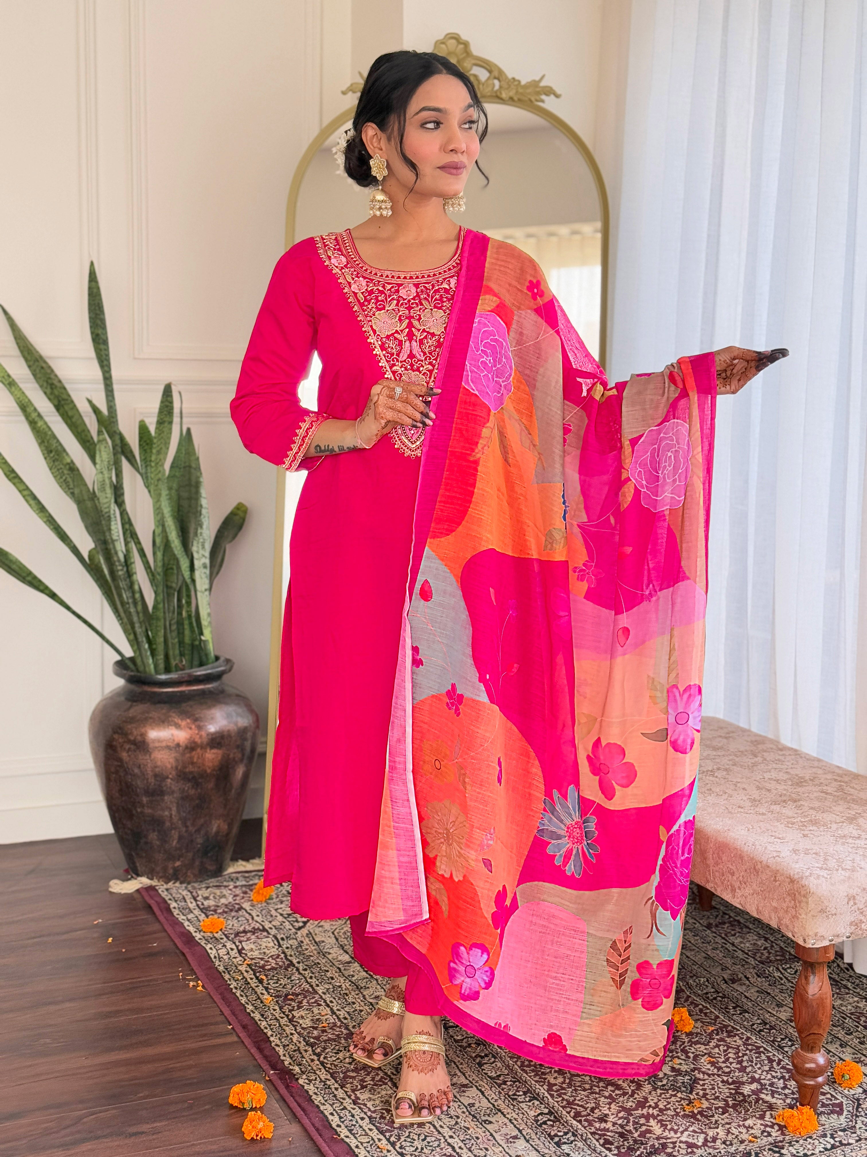 Gajri Pink Viscose Chanderi Embroidered Kurta Set with Printed Linen Dupatta