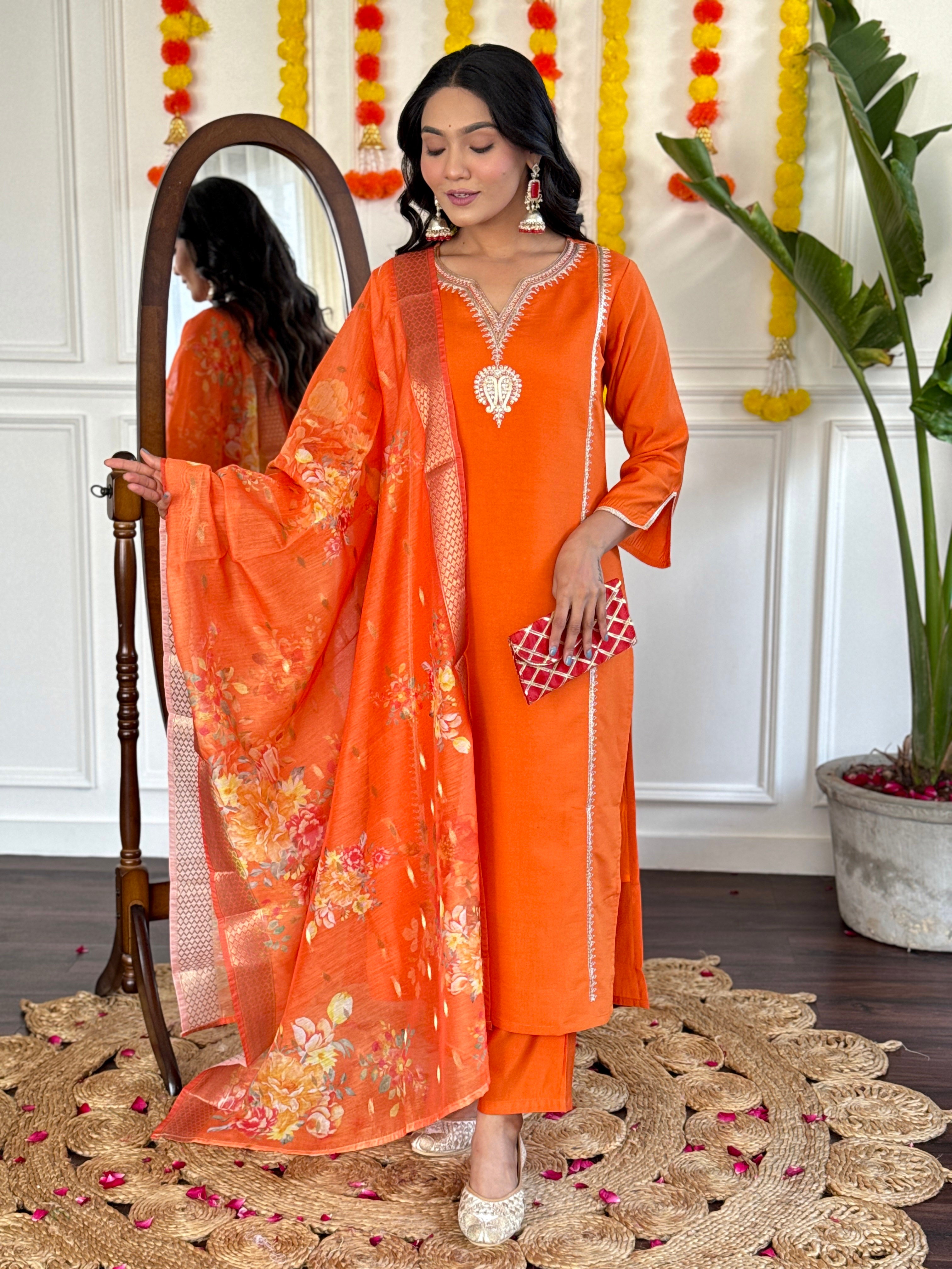 Stitched Orange Kurta Set with Printed Jacquard Dupatta