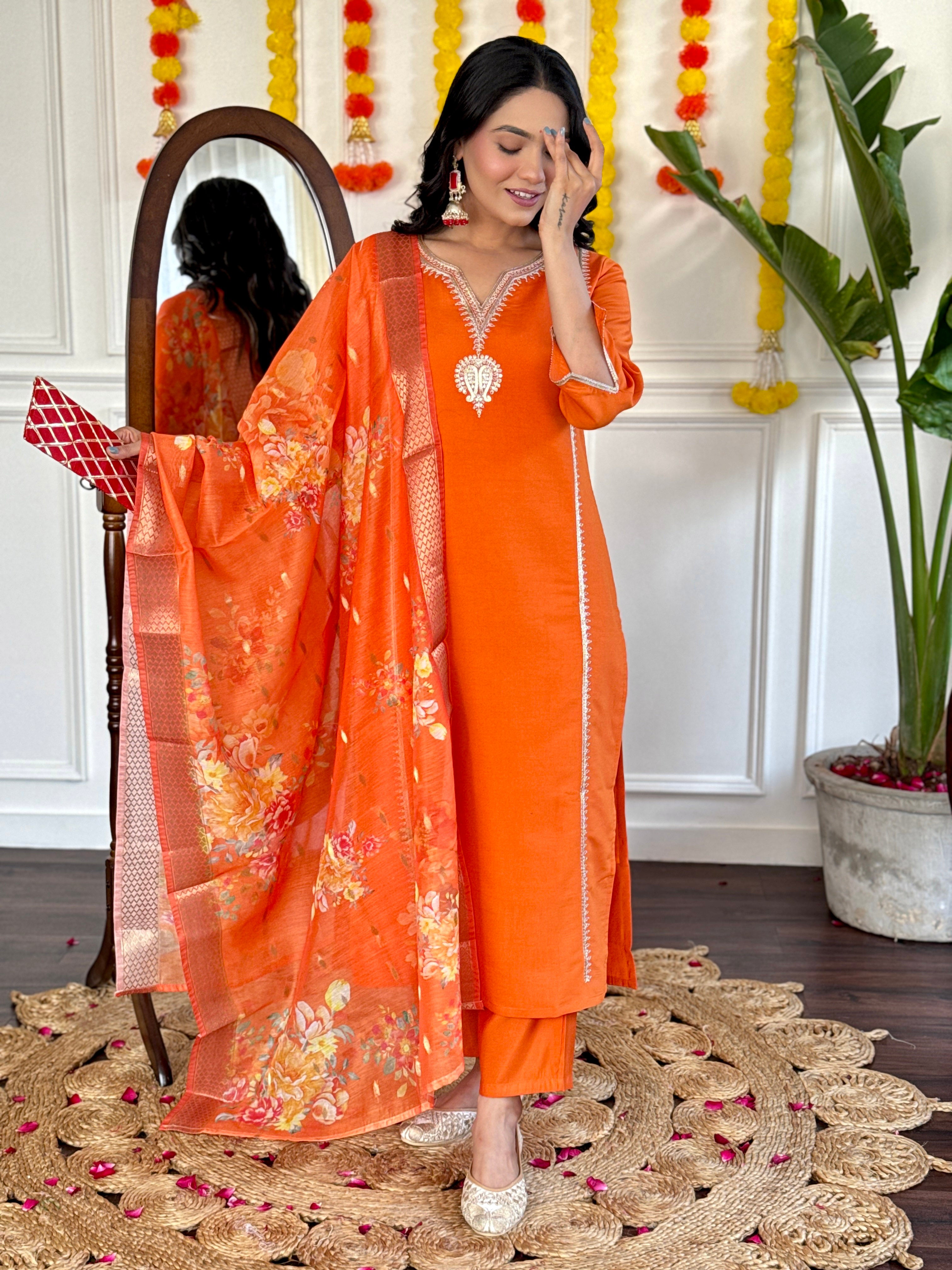 Stitched Orange Kurta Set with Printed Jacquard Dupatta