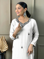 Embroidered White Kurta Set with Printed Dupatta