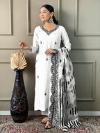 Embroidered White Kurta Set with Printed Dupatta