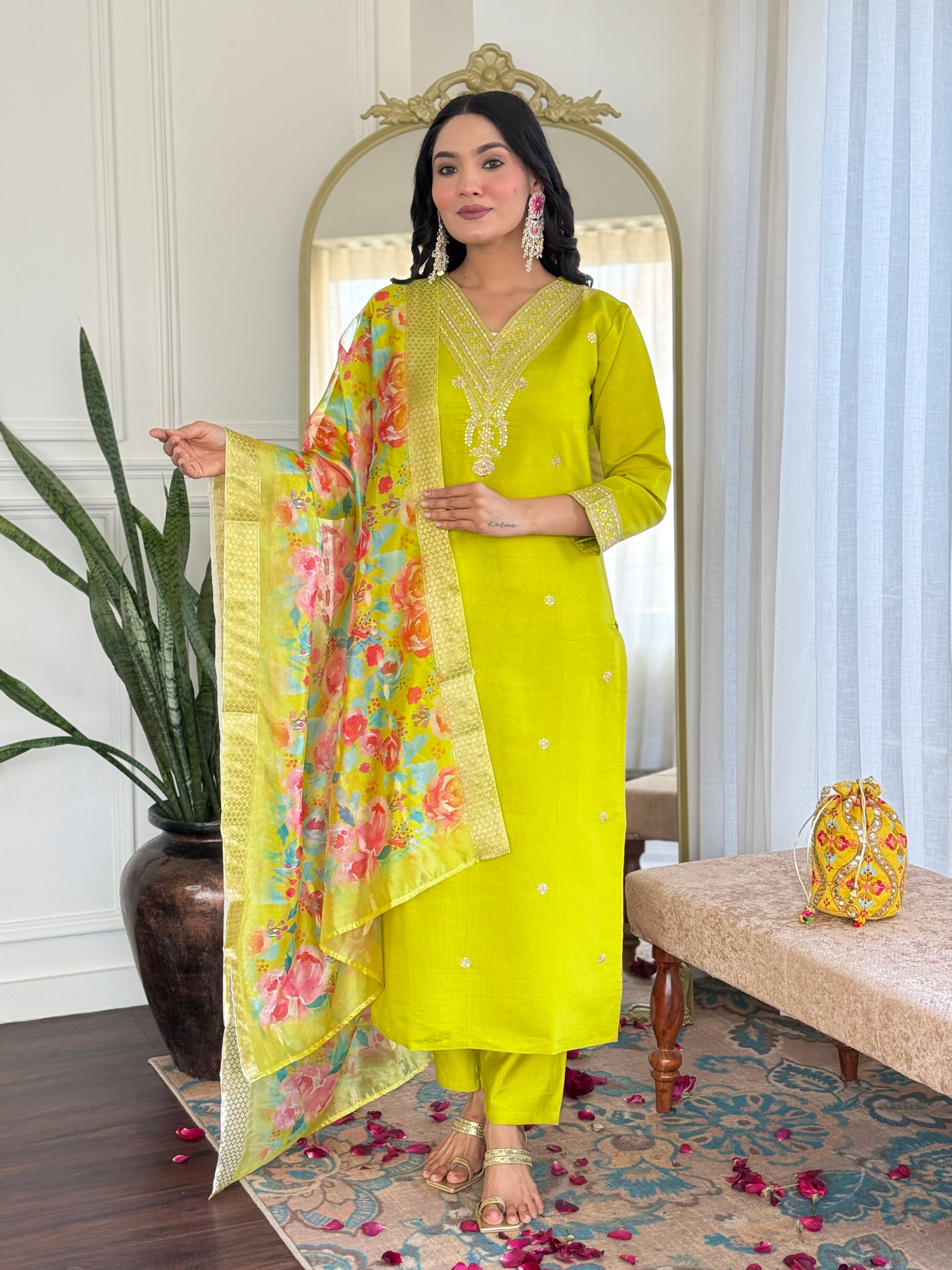 Embroidered Lemon Yellow Kurta Set with Floral Dupatta