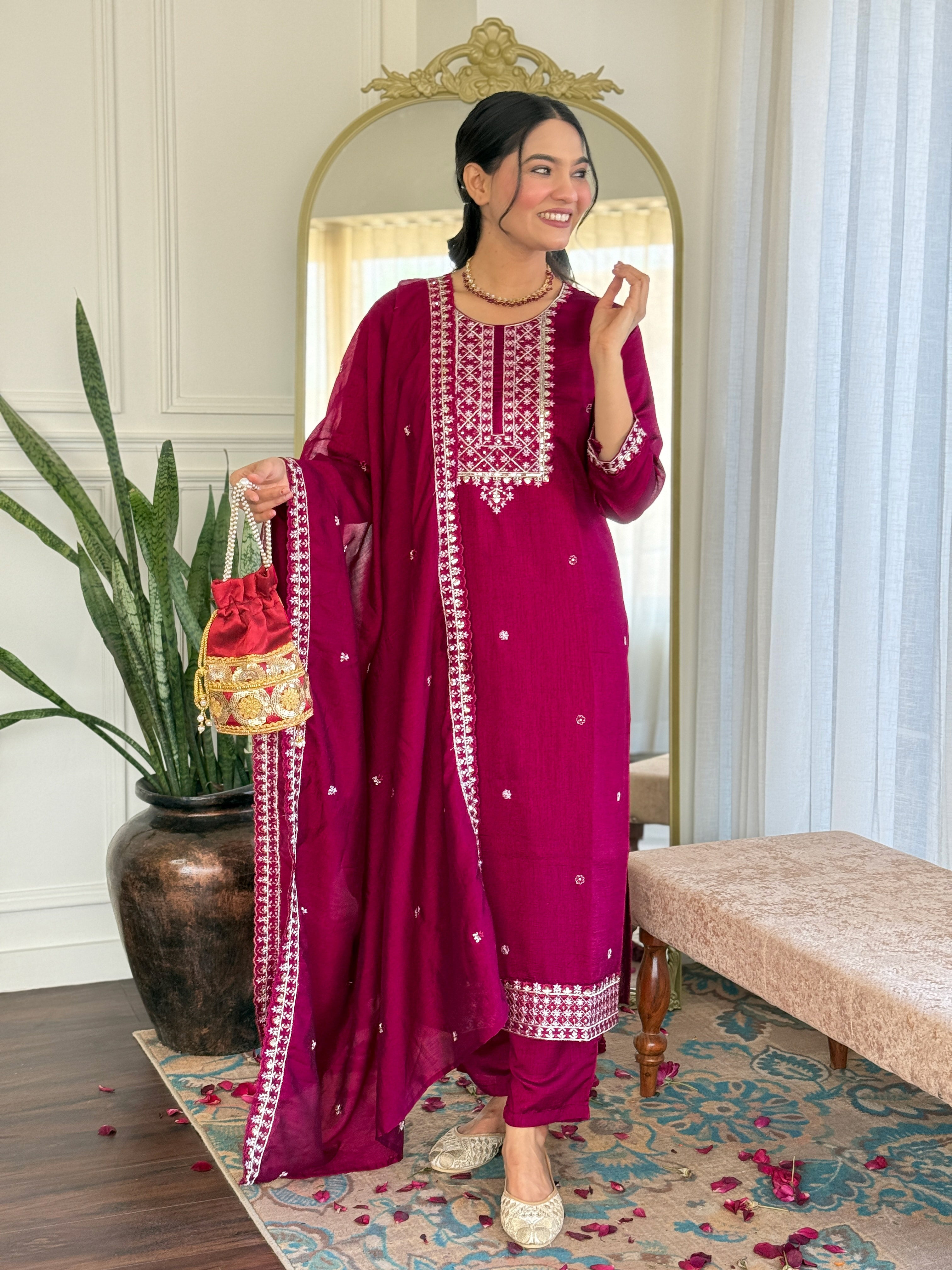 Maroon Embroidered Vichitra Silk Suit Set