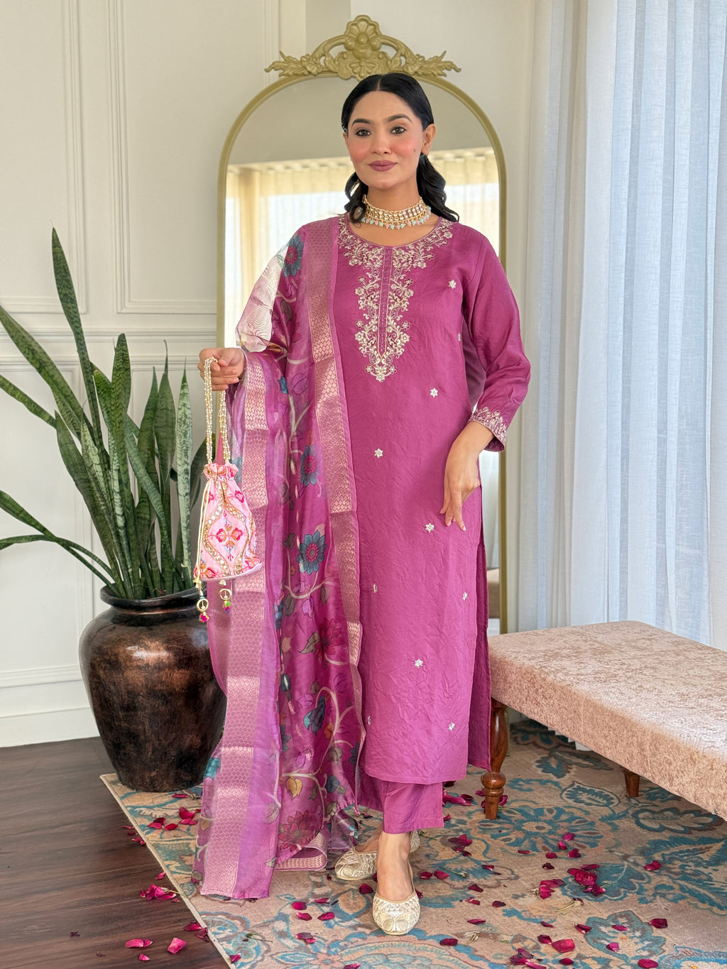 Embroidered Pink Kurta Set with Printed Jacquard Dupatta