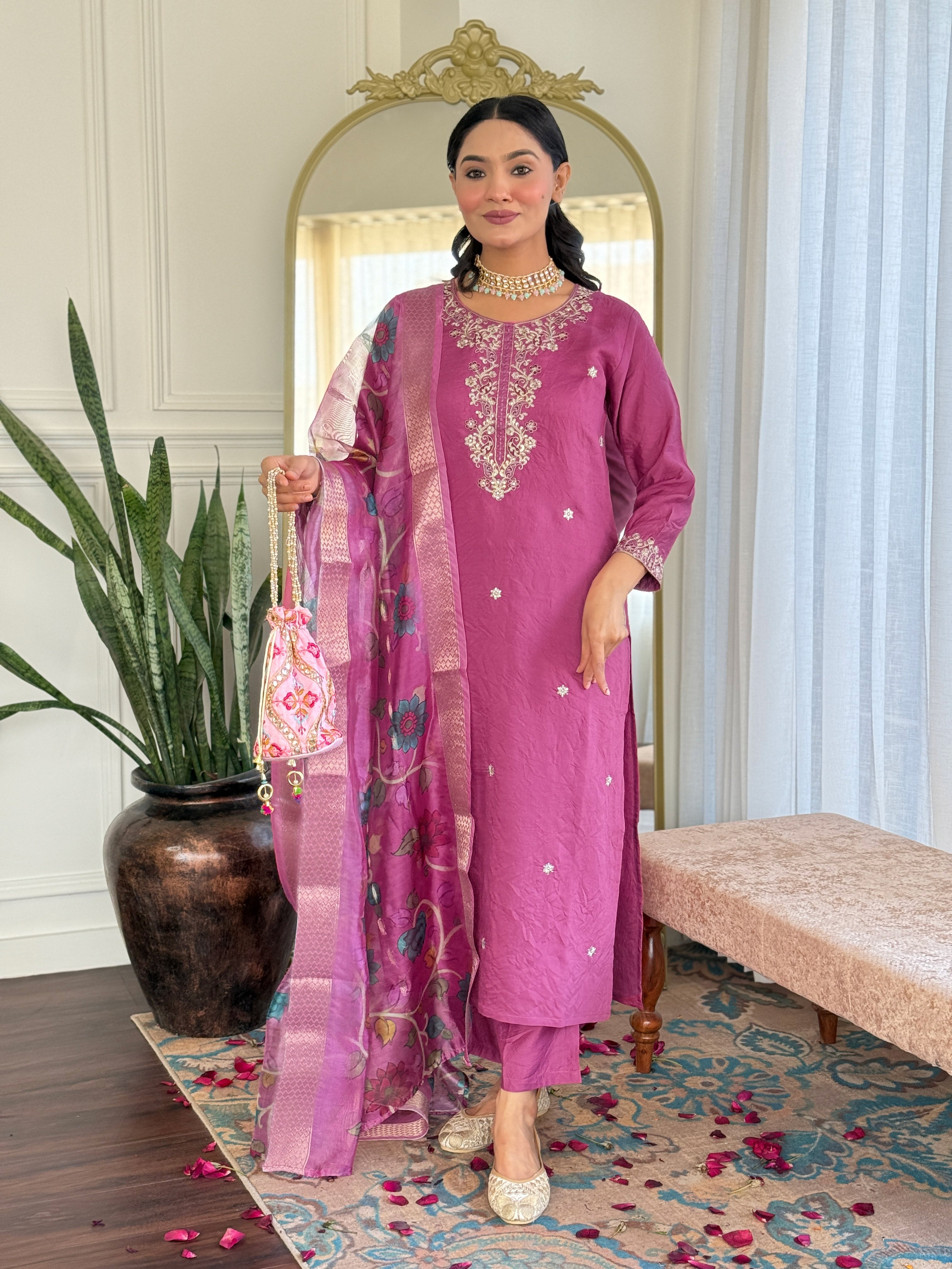 Embroidered Pink Kurta Set with Printed Jacquard Dupatta