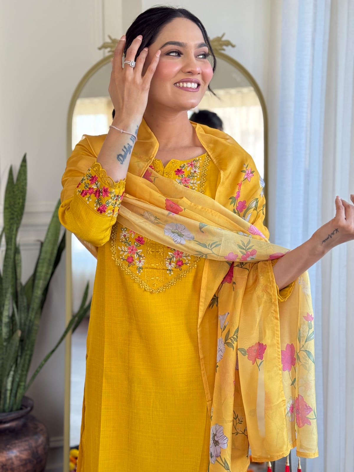 Golden Yellow Silk Embroidered Kurta Set with Taby Silk Dupatta