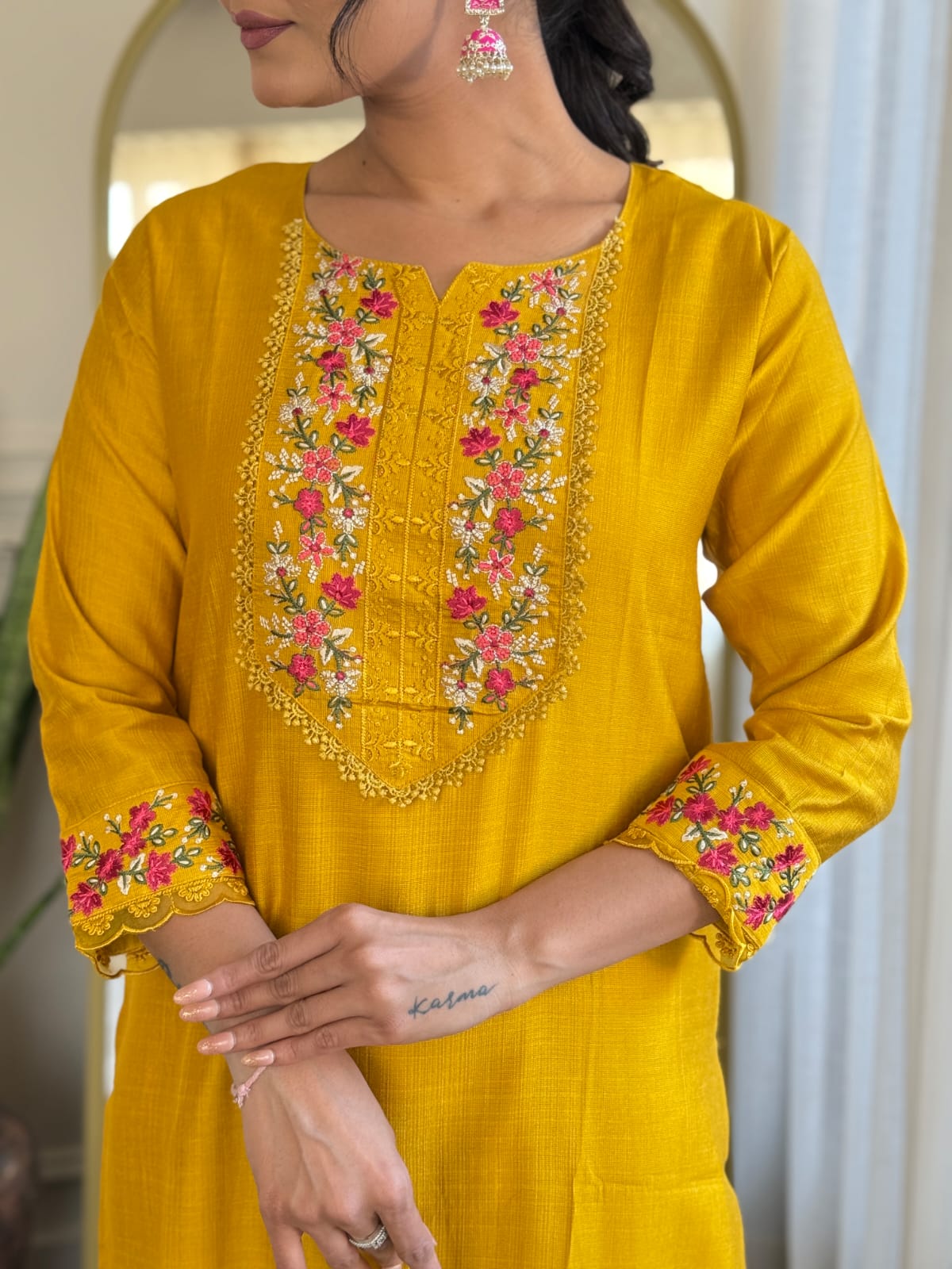 Golden Yellow Silk Embroidered Kurta Set with Taby Silk Dupatta