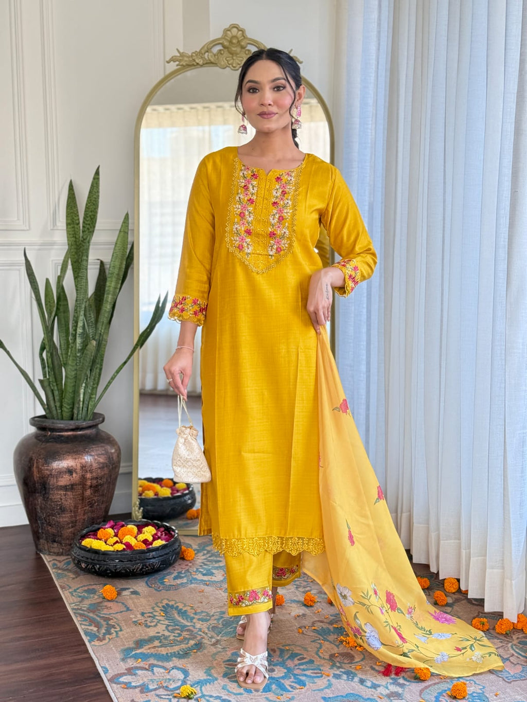 Golden Yellow Silk Embroidered Kurta Set with Taby Silk Dupatta