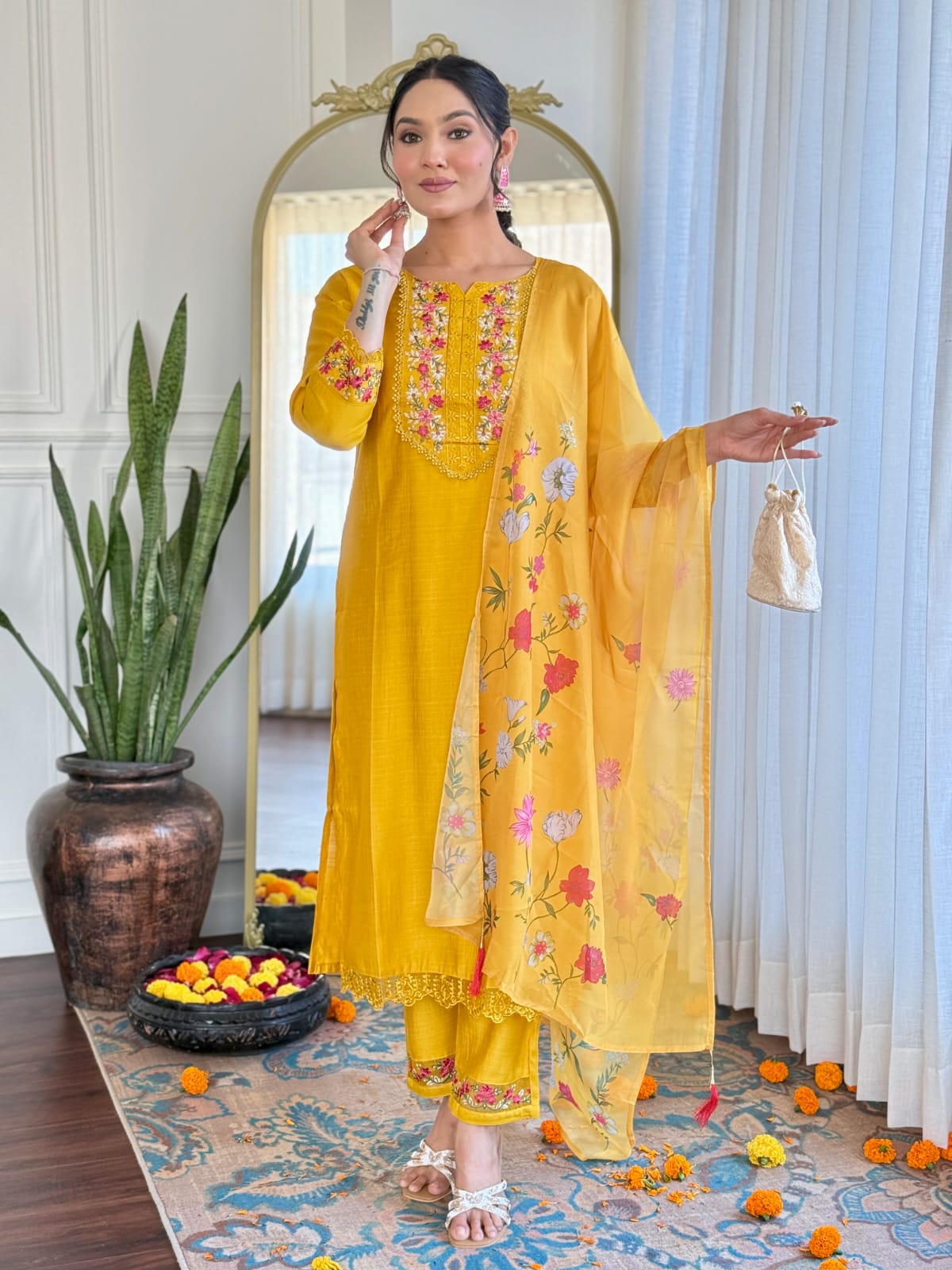 Golden Yellow Silk Embroidered Kurta Set with Taby Silk Dupatta