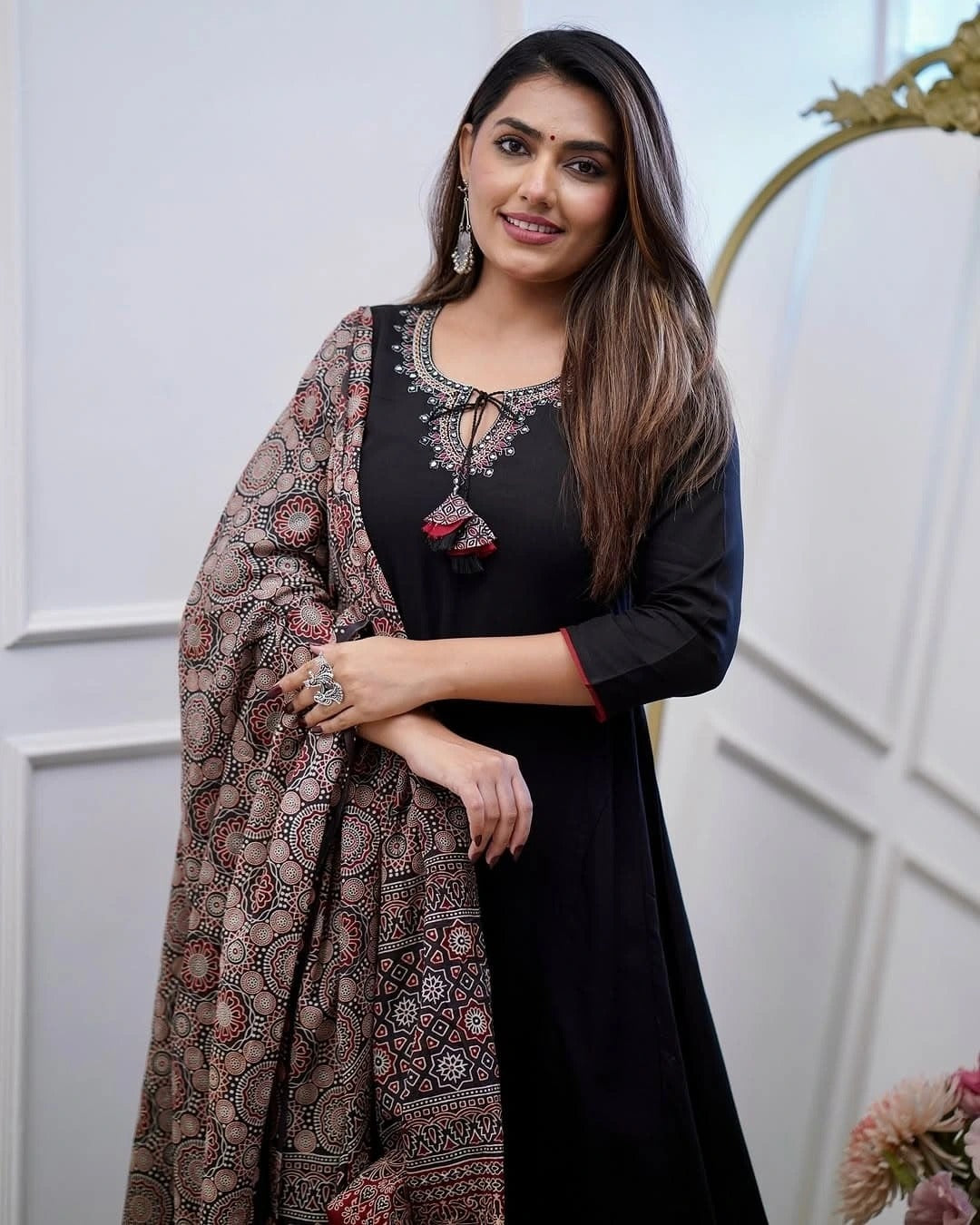 Black Viscose Embroidered Kurta Set with Chanderi Digital Print Dupatta