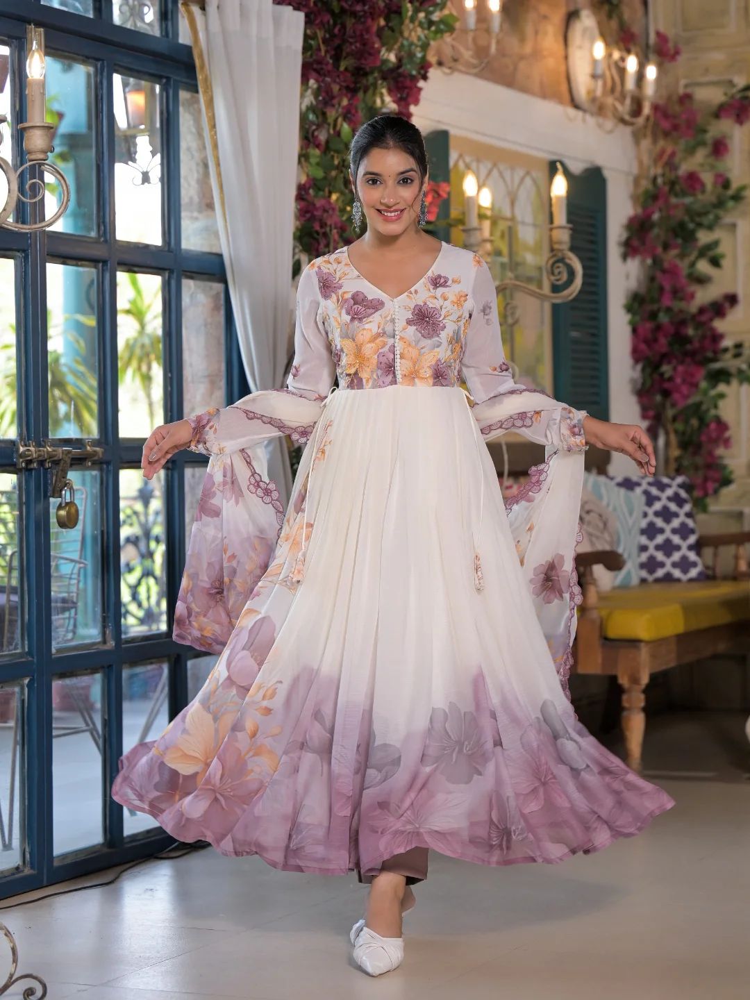 Embroidered Organza Gown with Floral Print