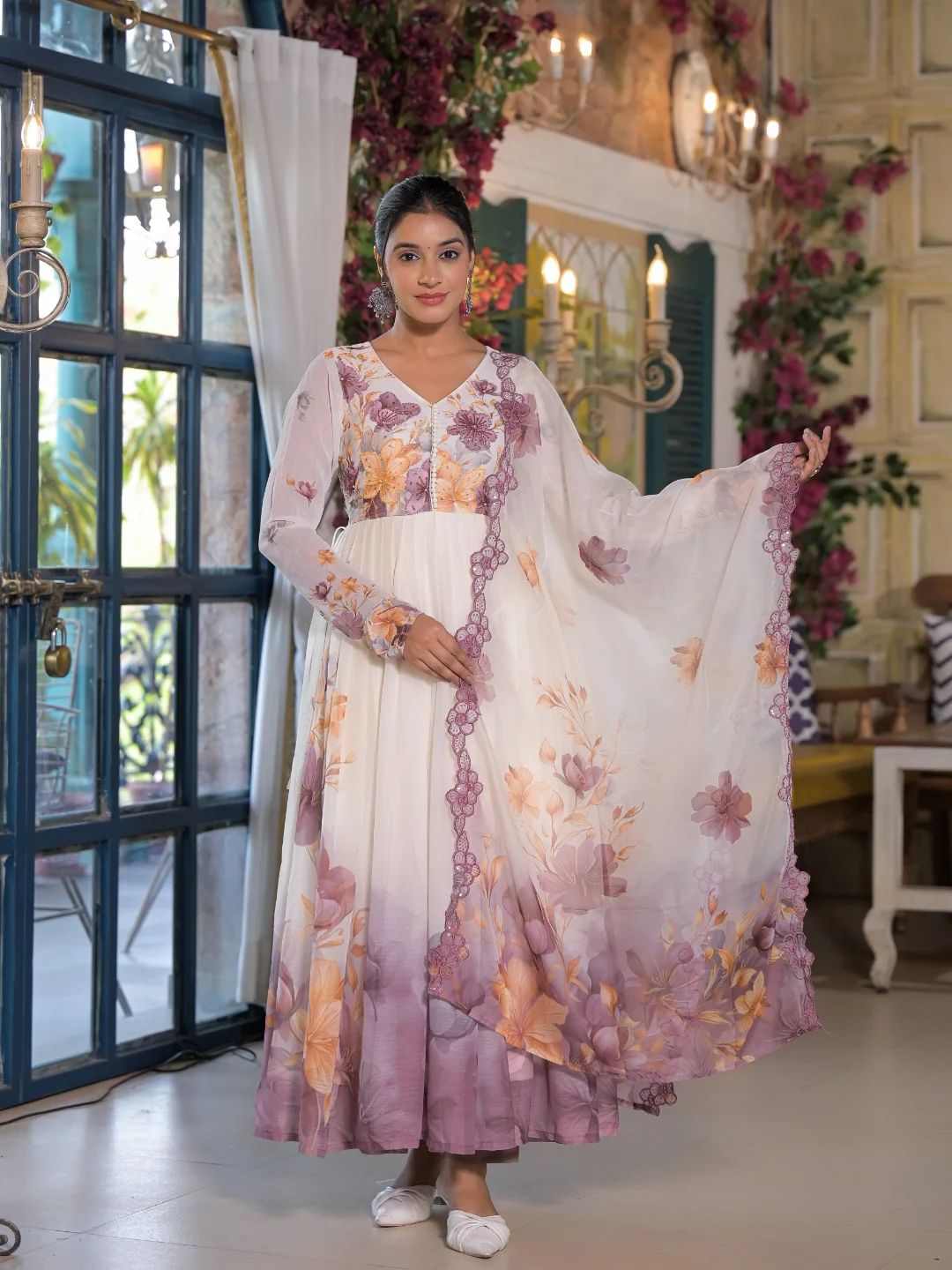 Embroidered Organza Gown with Floral Print