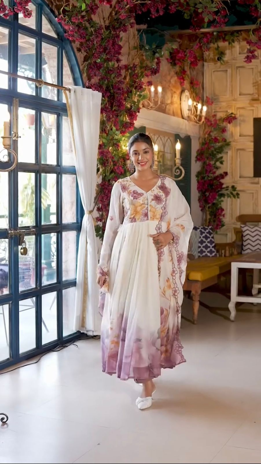 Embroidered Organza Gown with Floral Print